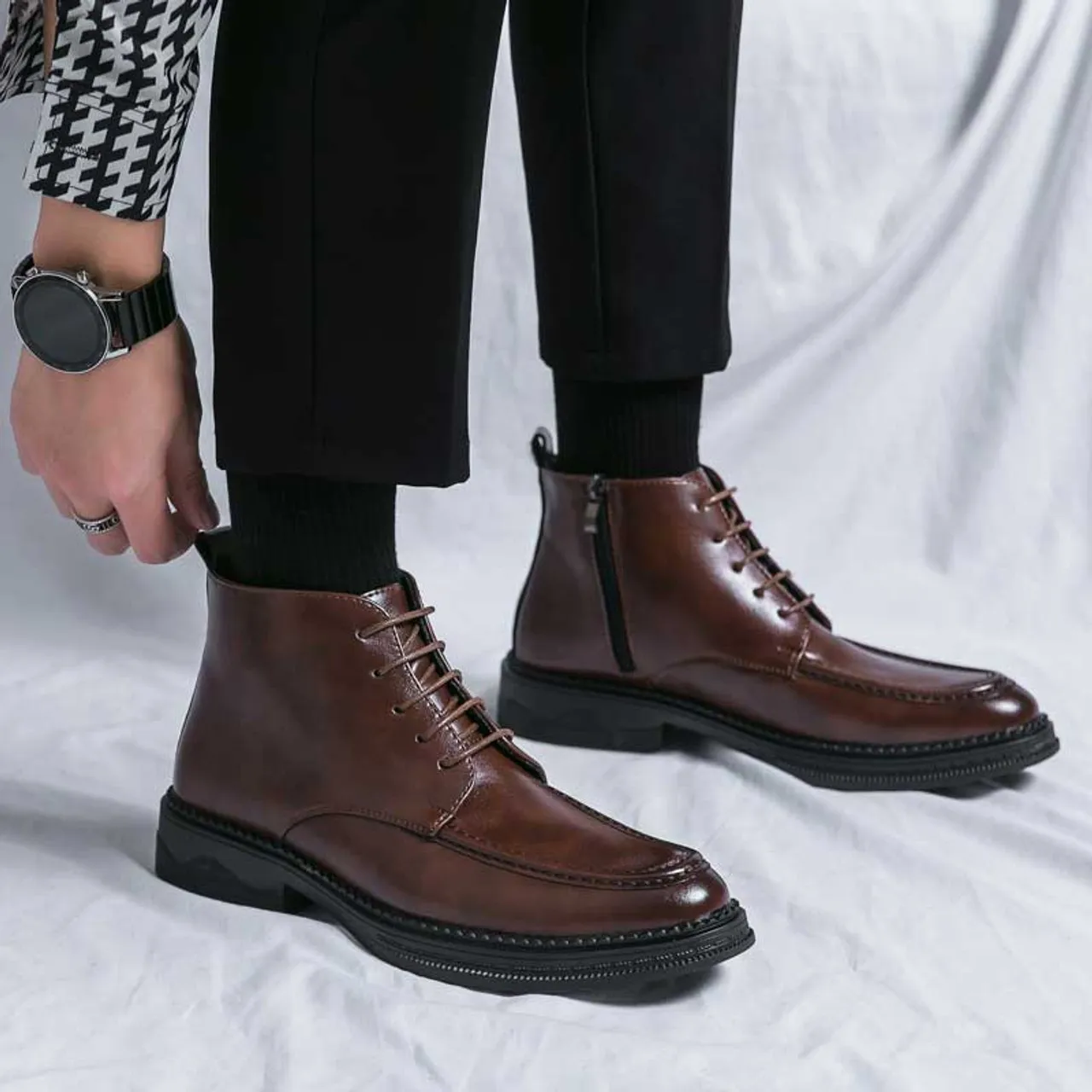 Brown plain side zip lace up shoe boot