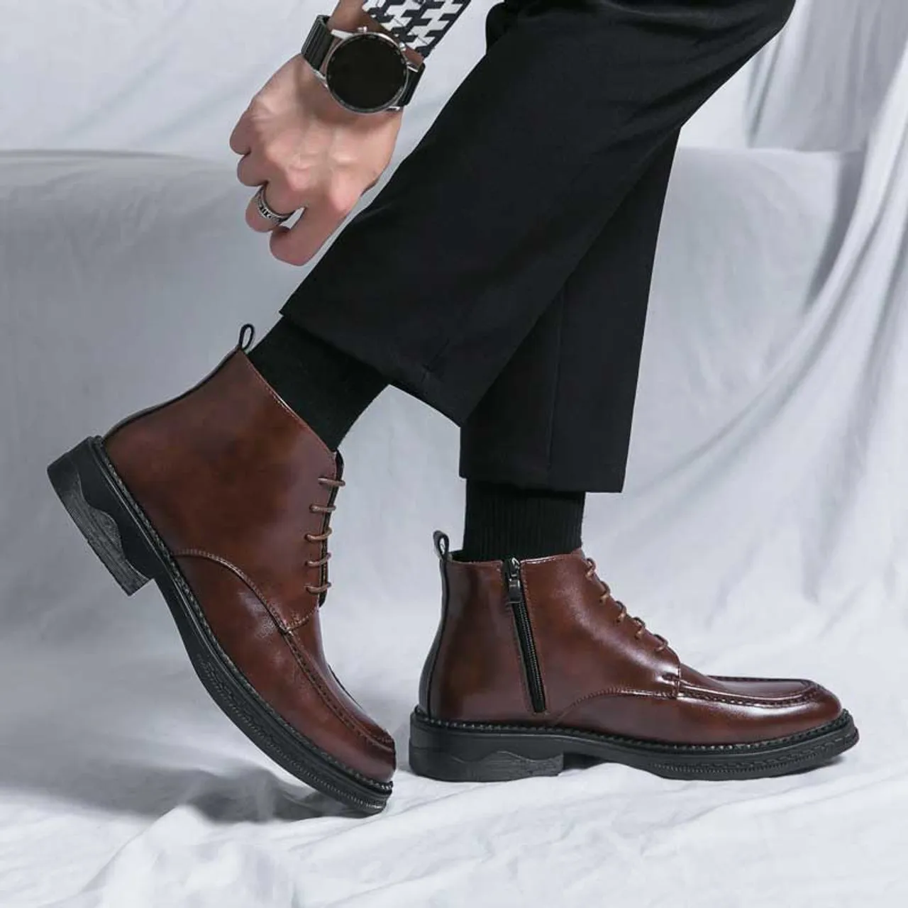 Brown plain side zip lace up shoe boot