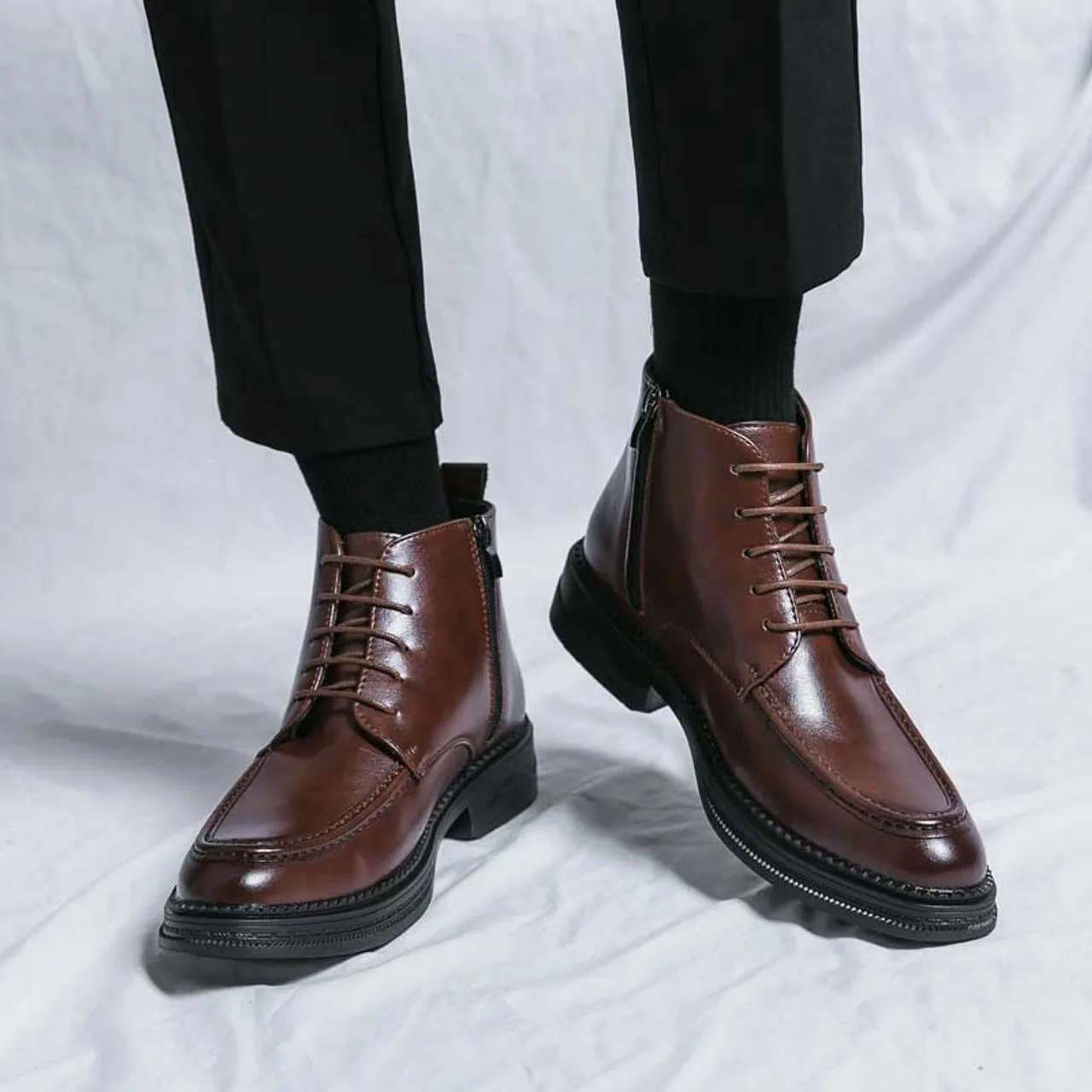 Brown plain side zip lace up shoe boot