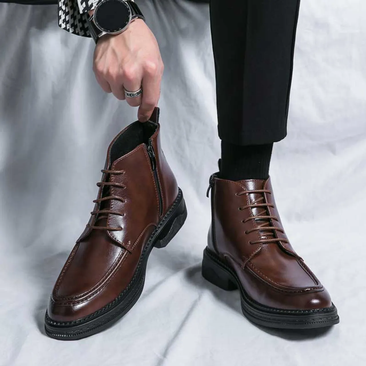 Brown plain side zip lace up shoe boot