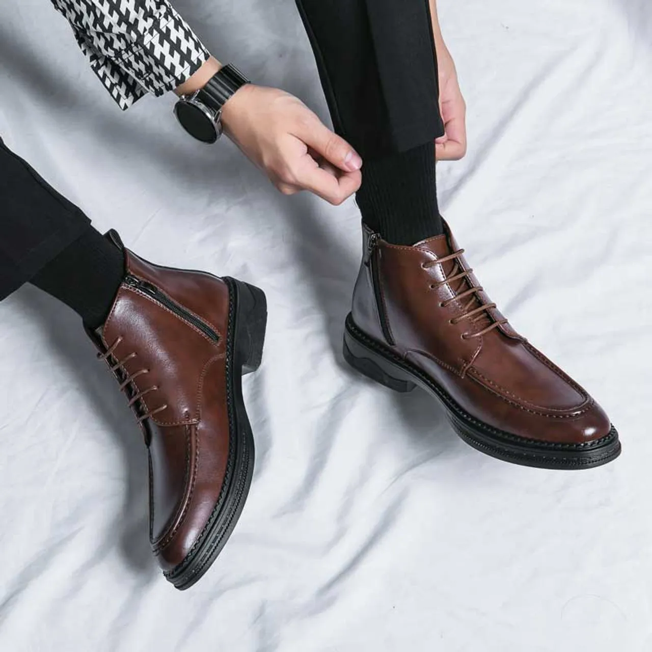 Brown plain side zip lace up shoe boot