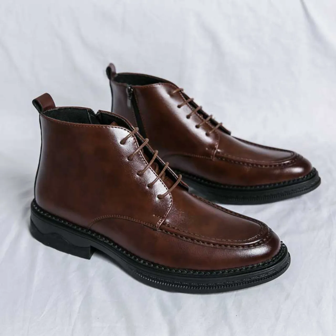 Brown plain side zip lace up shoe boot