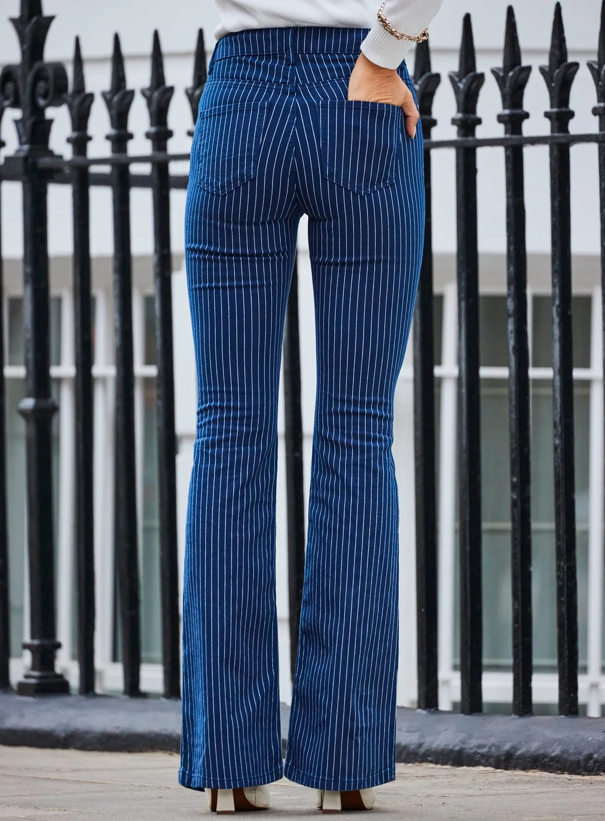 Buy SOSANDAR Navy Blue Pinstripe Kickflare Jean 20 | Jeans | Tu