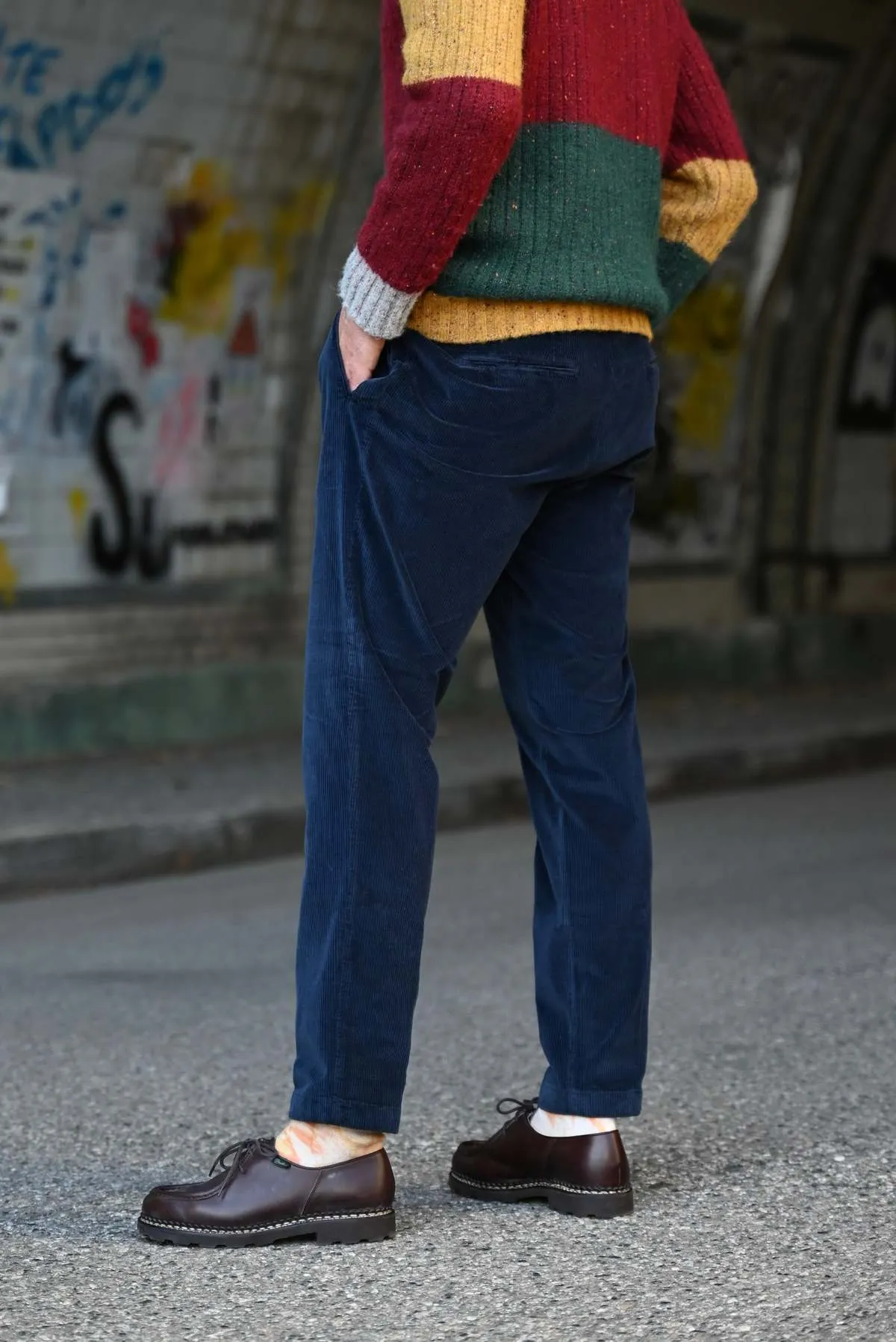 Corduroy Pleated Chino Pants - Navy