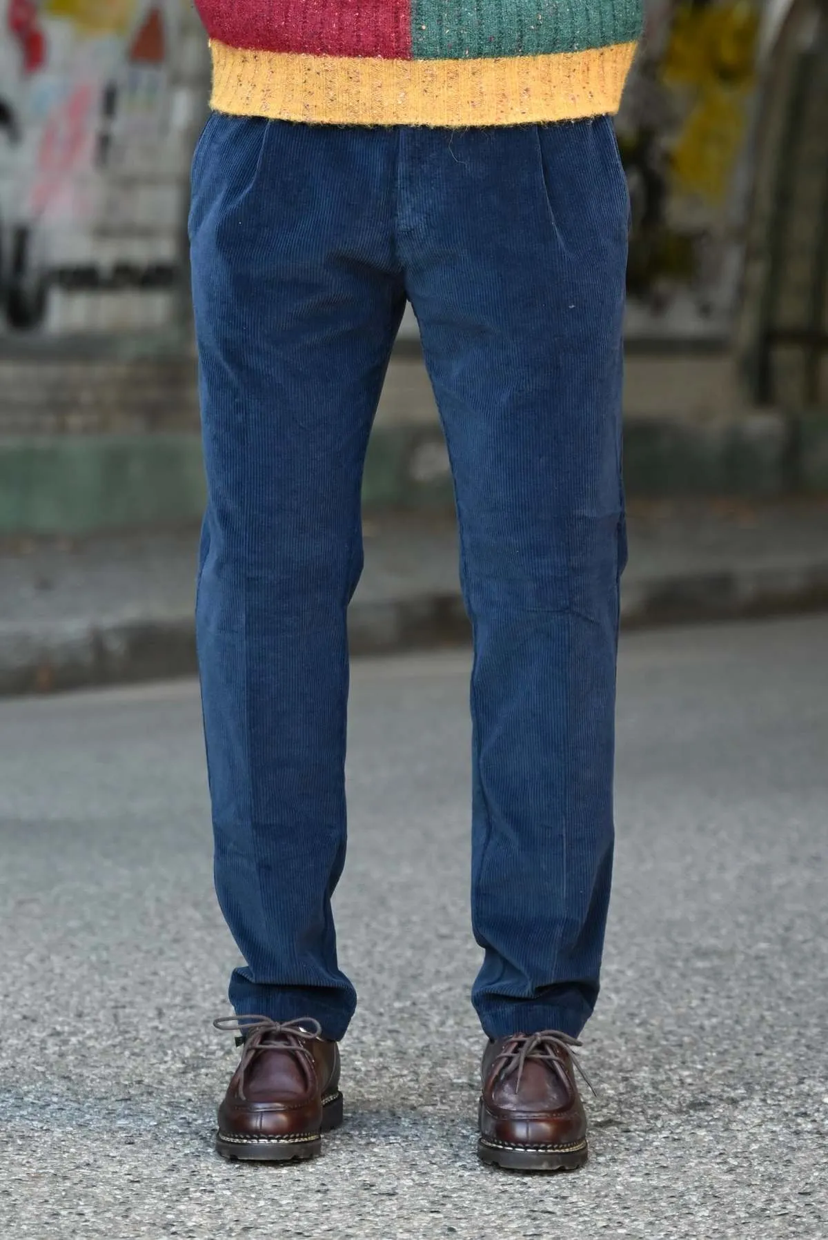 Corduroy Pleated Chino Pants - Navy