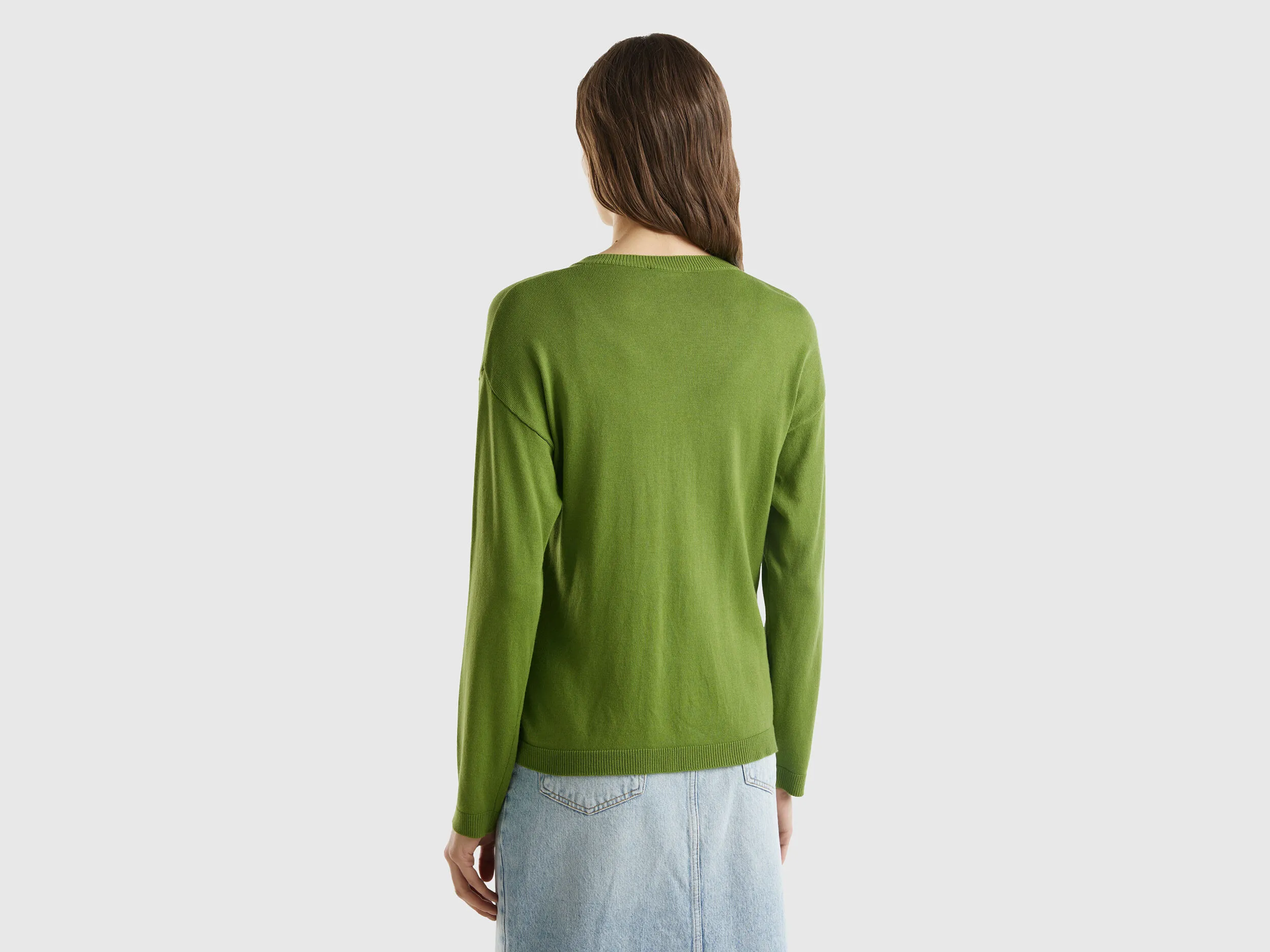 Crew neck cardigan with buttons - Military Green | Benetton