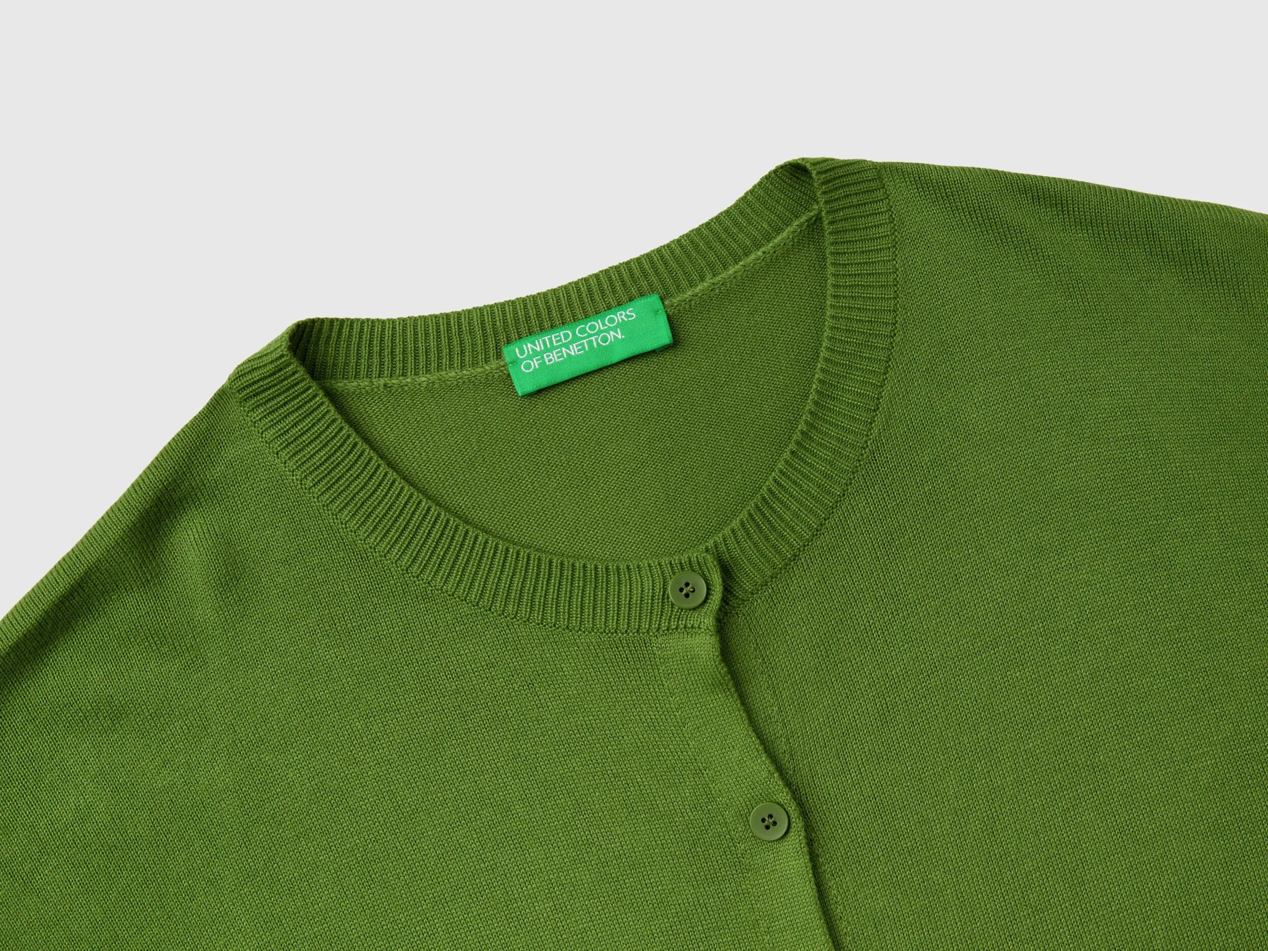 Crew neck cardigan with buttons - Military Green | Benetton