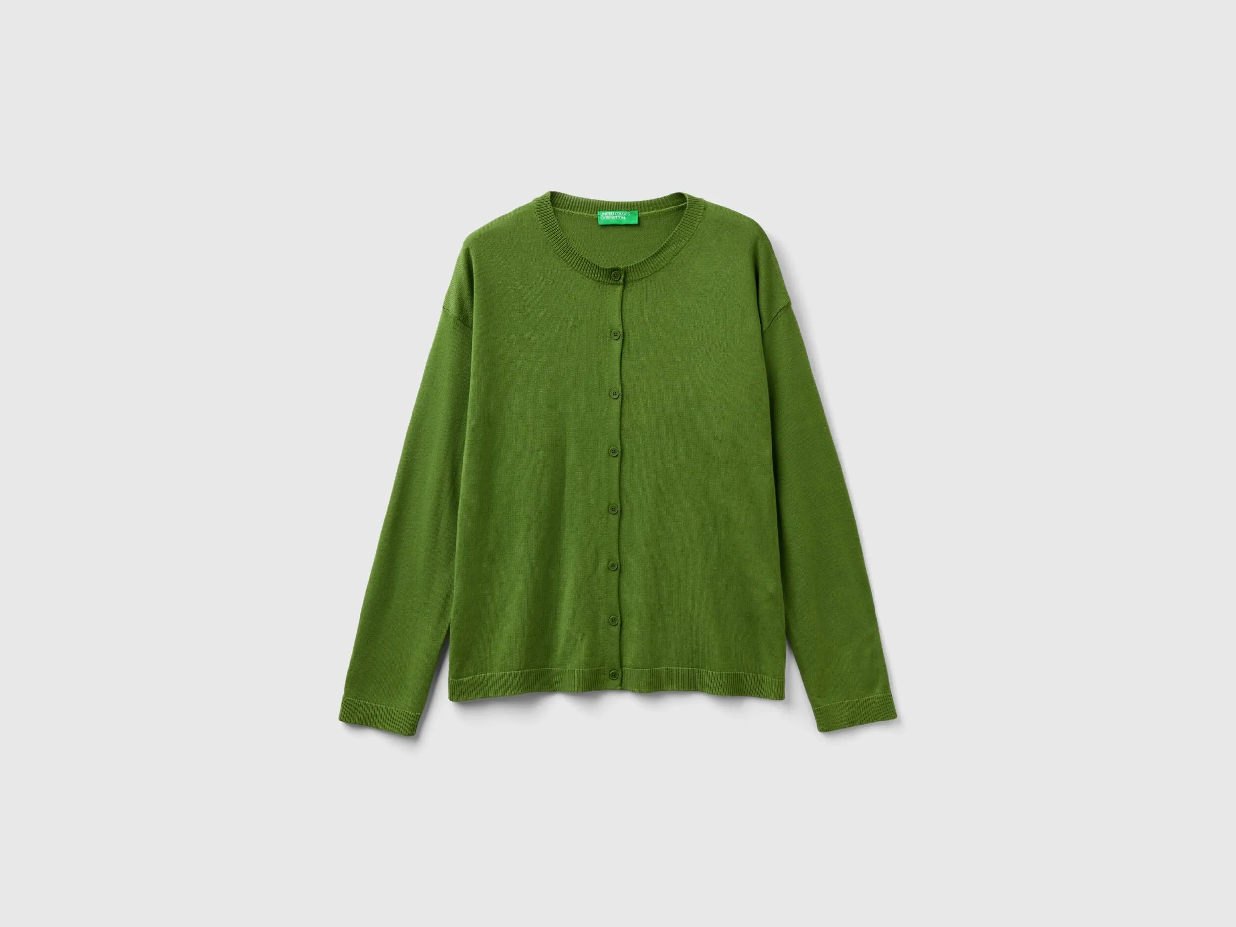 Crew neck cardigan with buttons - Military Green | Benetton