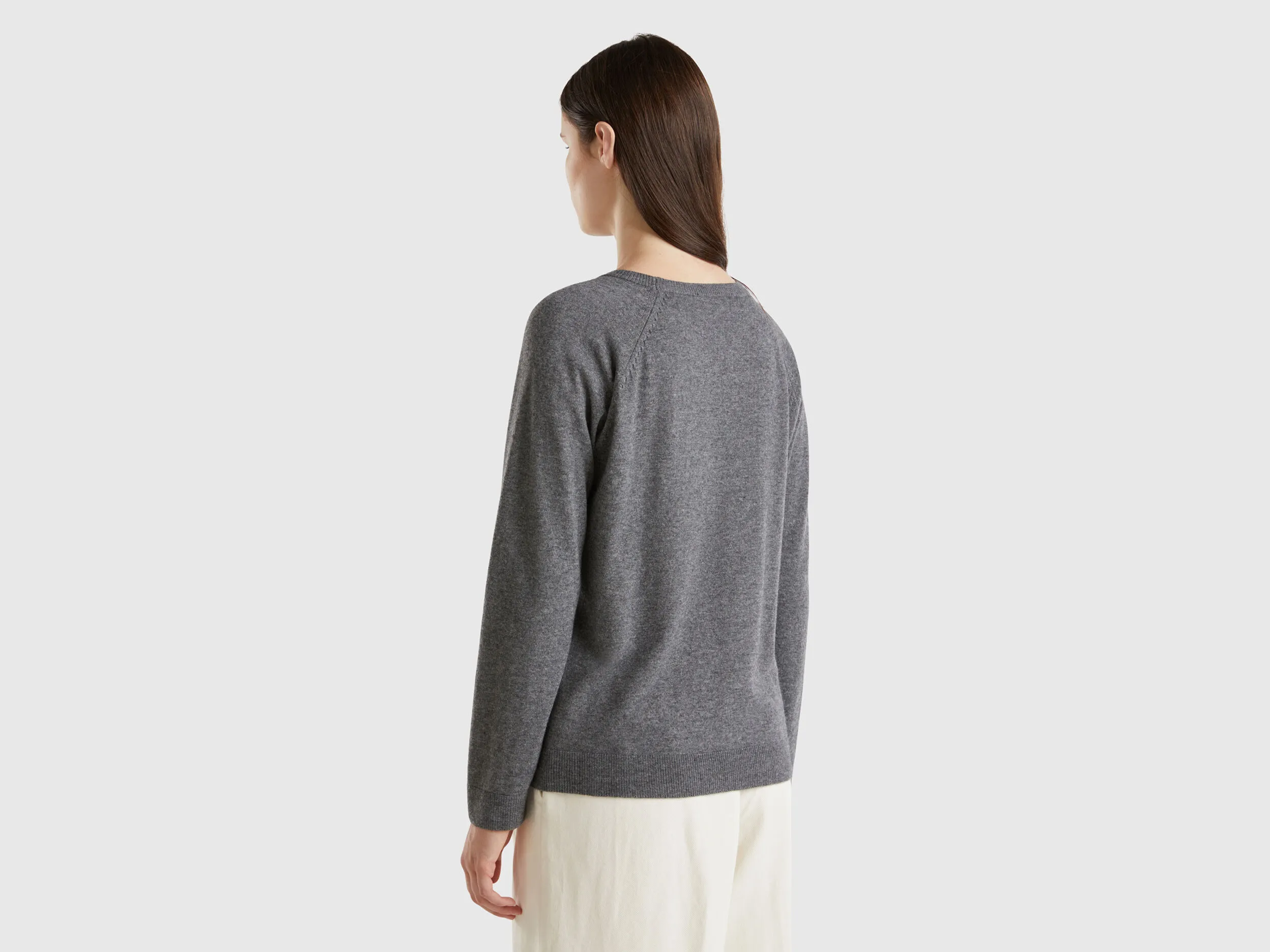 Dark gray crew neck sweater in wool and cashmere blend - Dark Gray | Benetton