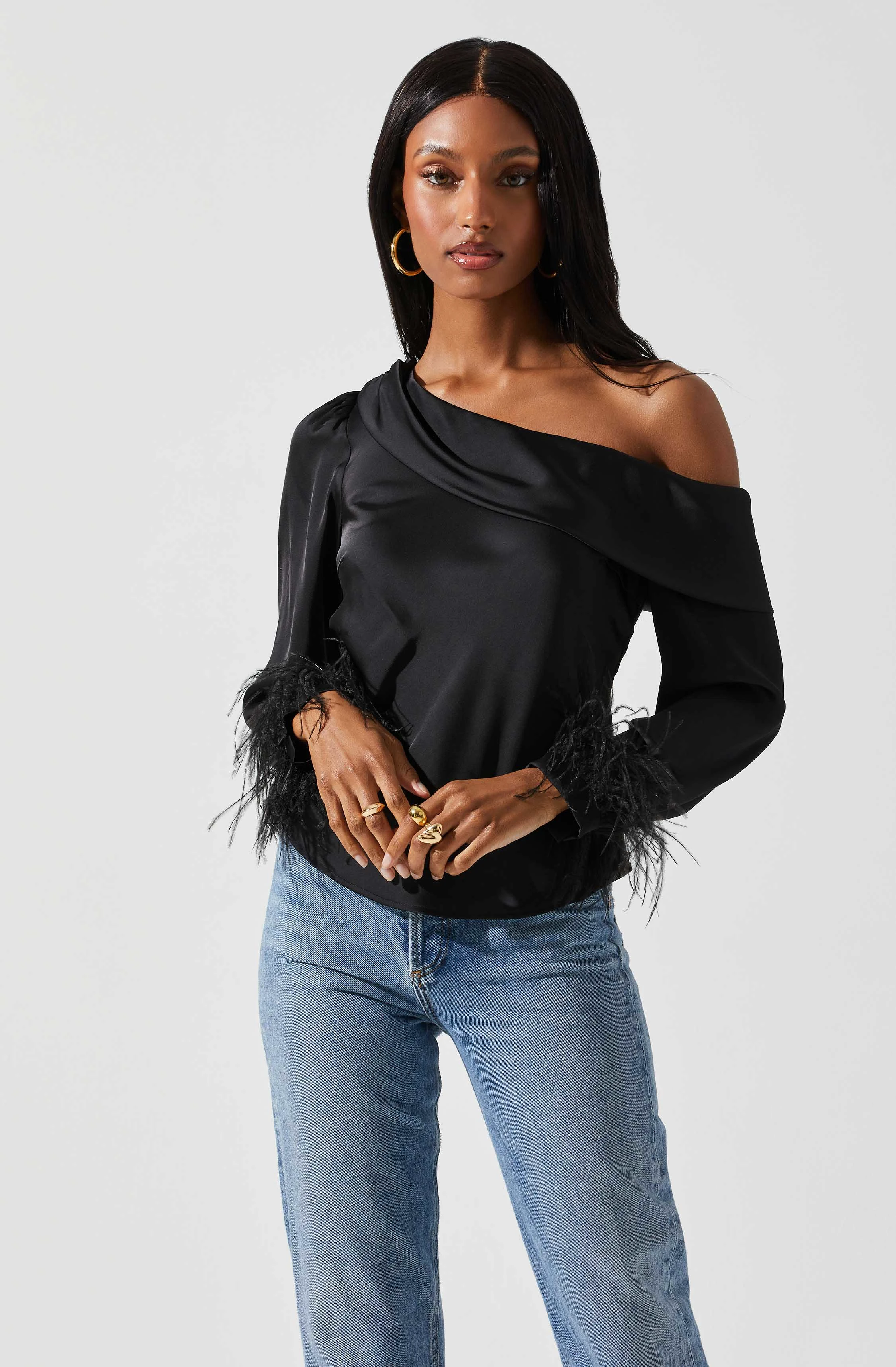 Dawn Off Shoulder Feather Trim Top