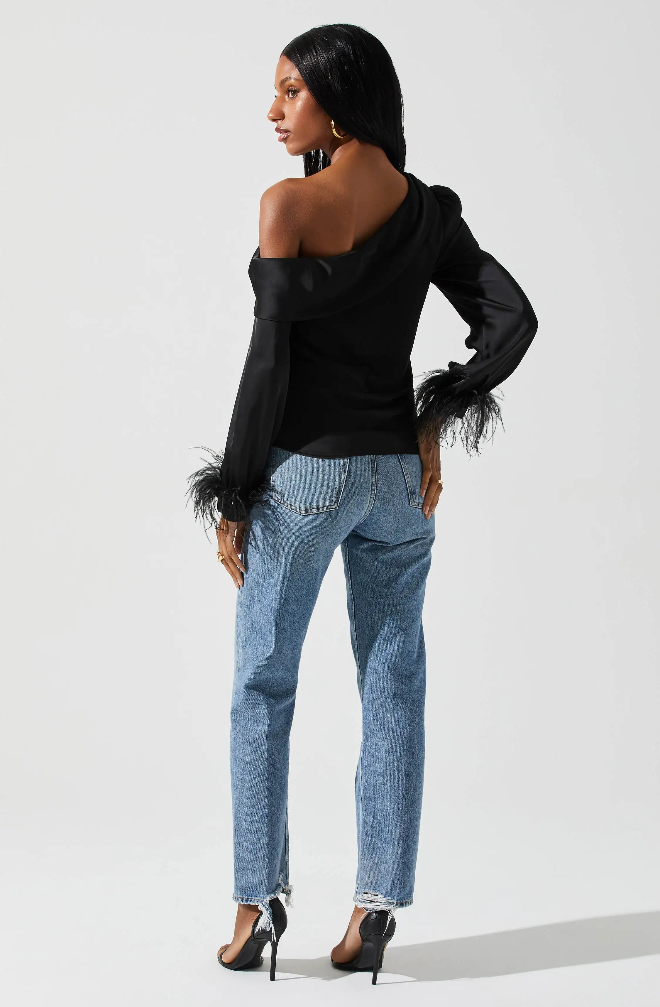 Dawn Off Shoulder Feather Trim Top