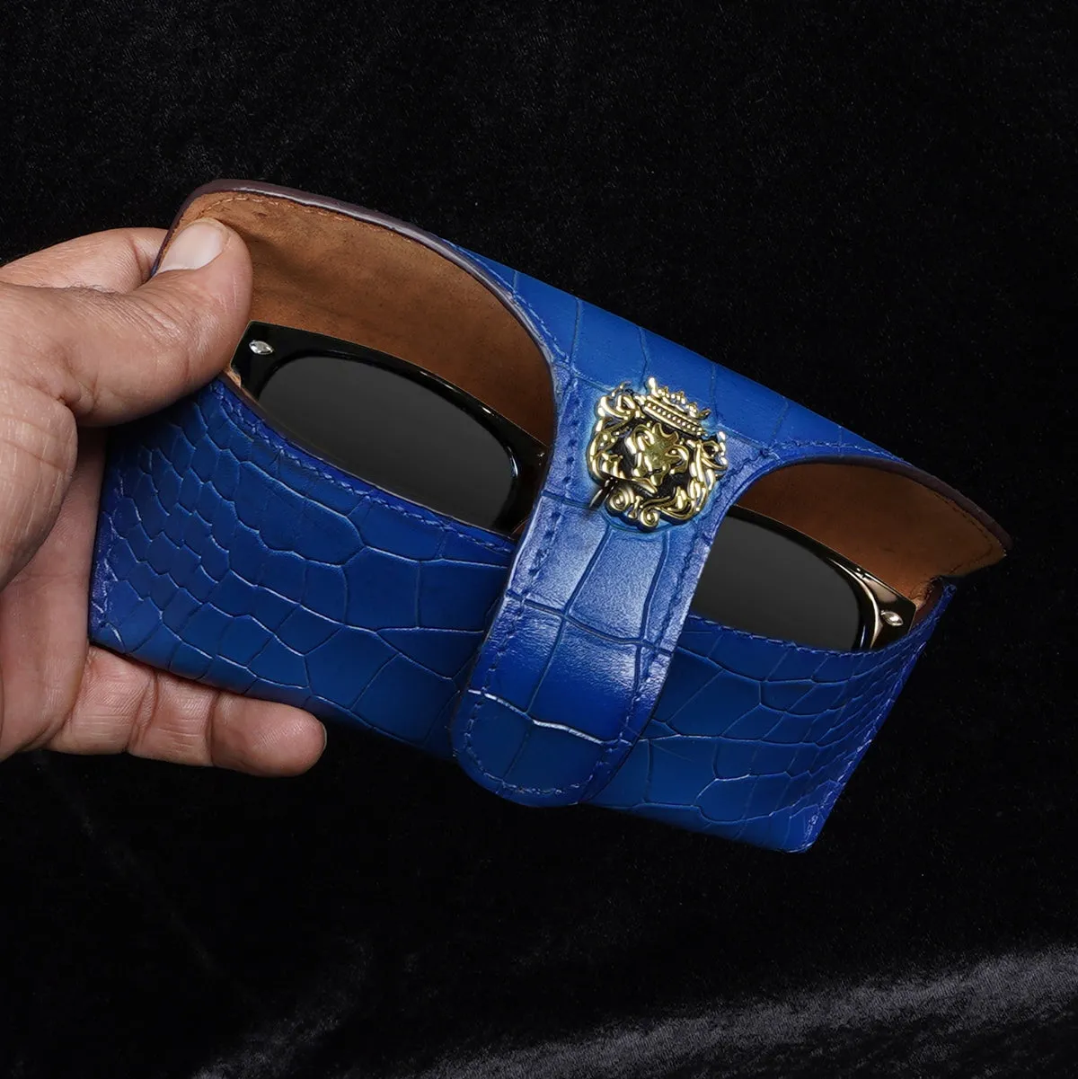 Deep Cut Smokey Sky Blue Leather Looped Closure Eyewear Glasses Cover With Metal Lion by Brune & Bareskin