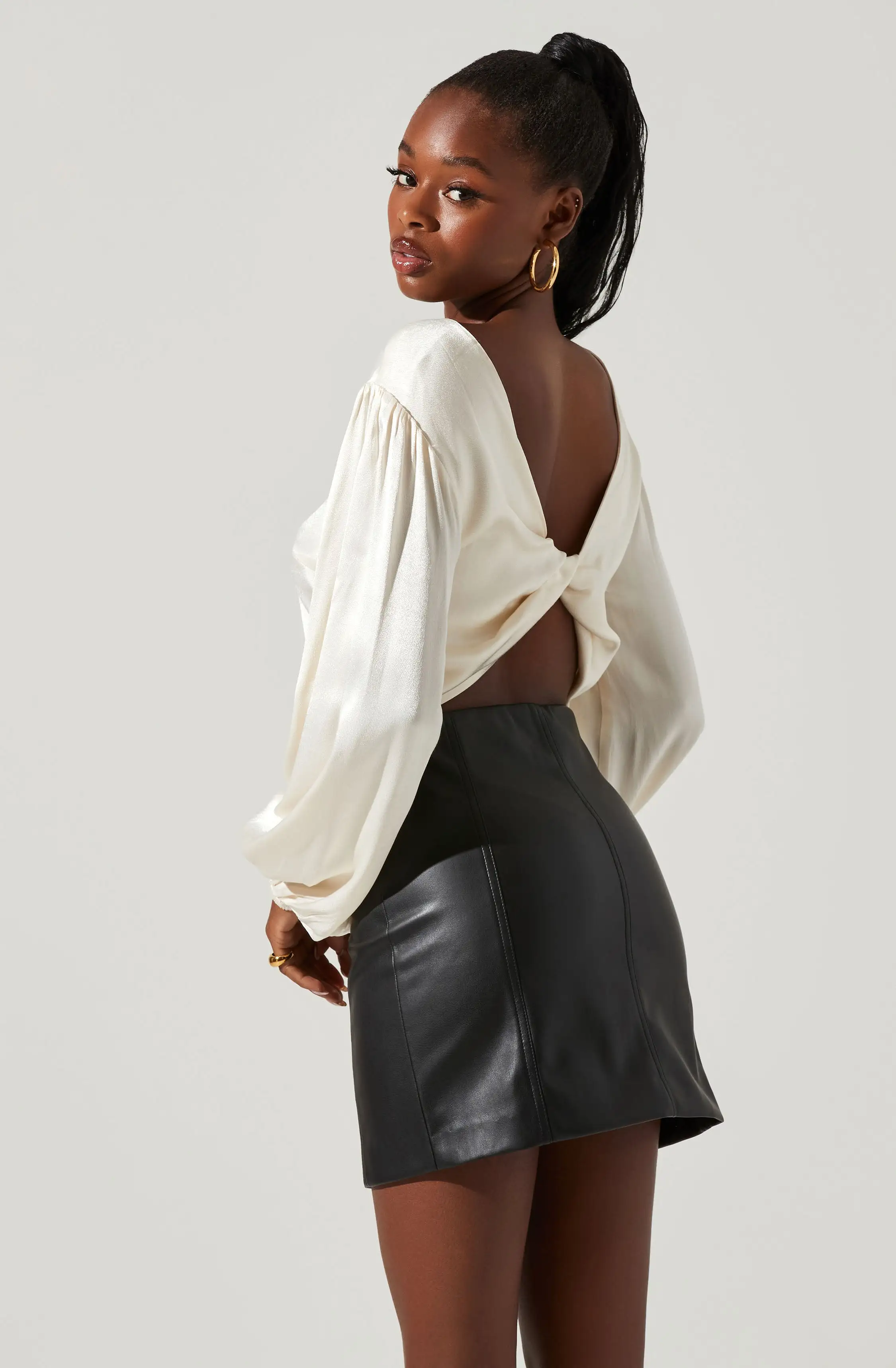 Deja Satin Open Back Long Sleeve Crop Top