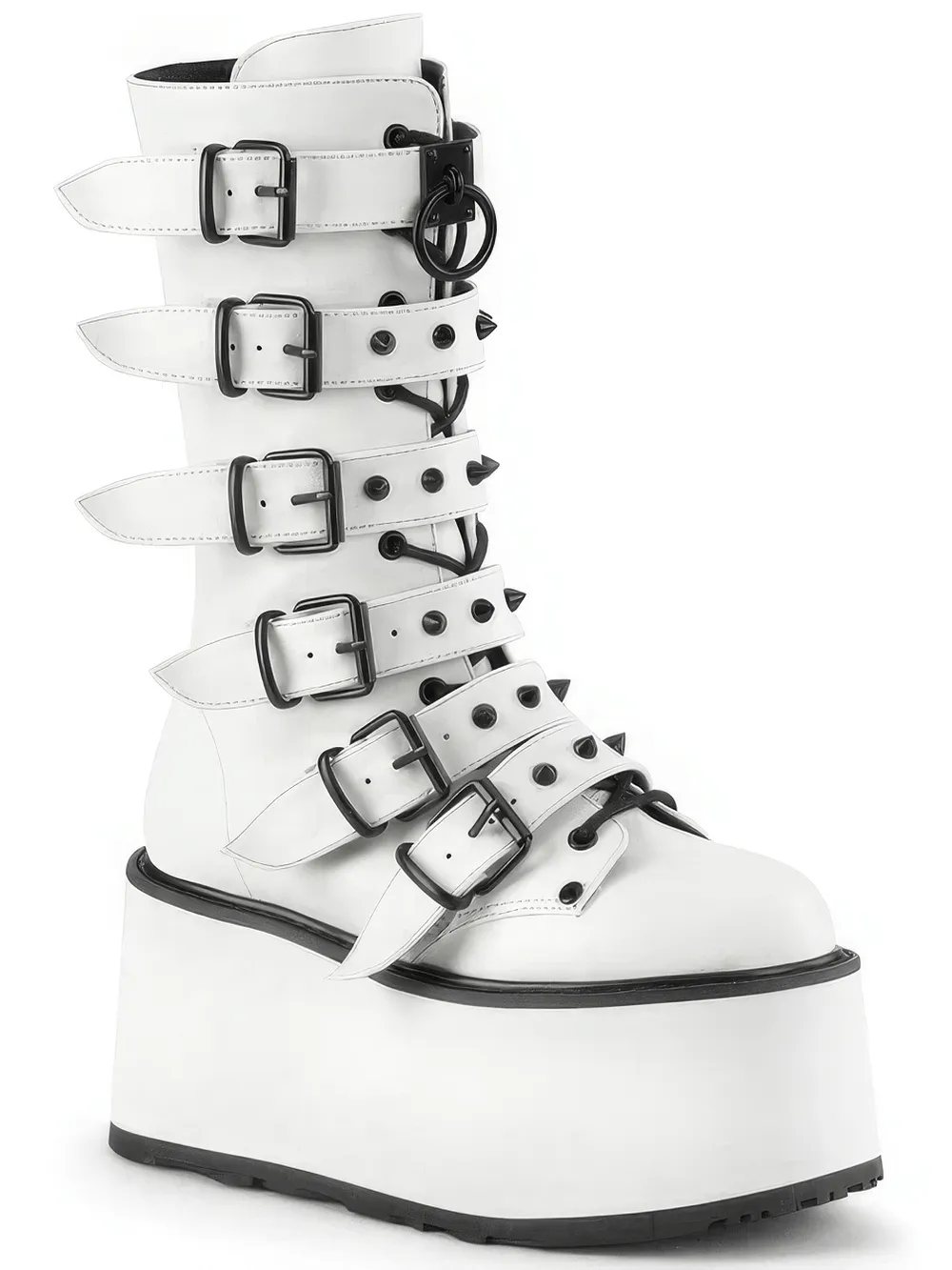 DEMONIA White Mid-Calf Boot with Cone-Studded Straps