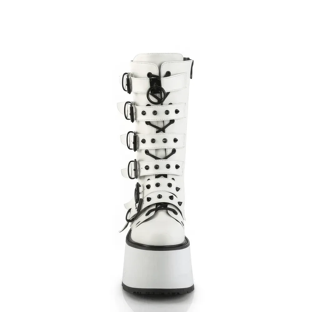 DEMONIA White Mid-Calf Boot with Cone-Studded Straps