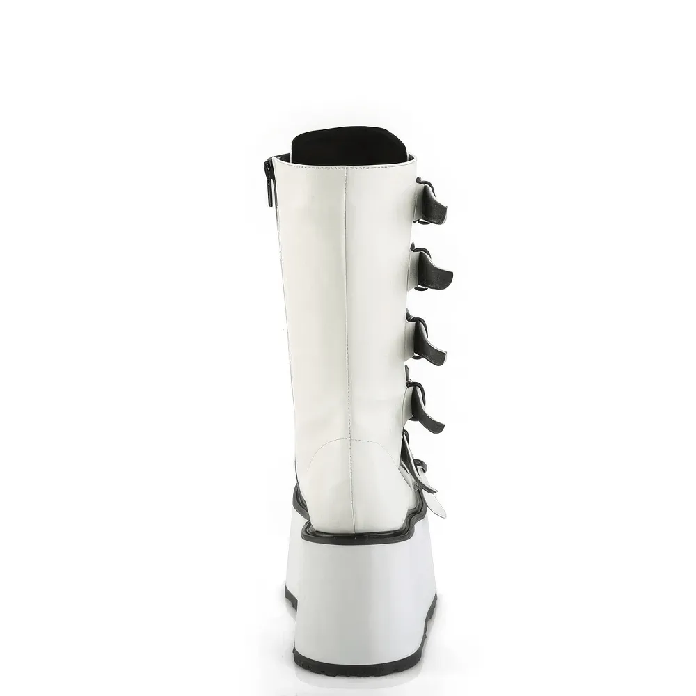 DEMONIA White Mid-Calf Boot with Cone-Studded Straps