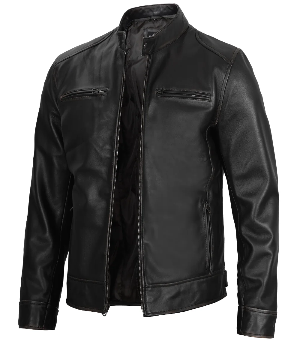 Dodge Men's Black Leather Cafe Racer Jacket - Biker Jacket