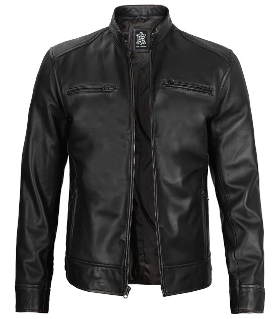 Dodge Men's Black Leather Cafe Racer Jacket - Biker Jacket