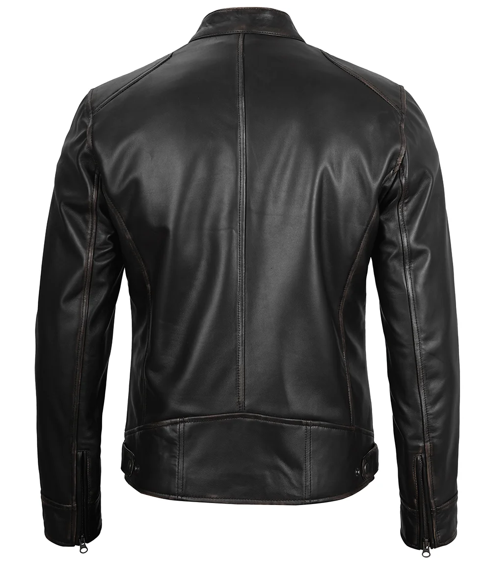 Dodge Men's Black Leather Cafe Racer Jacket - Biker Jacket