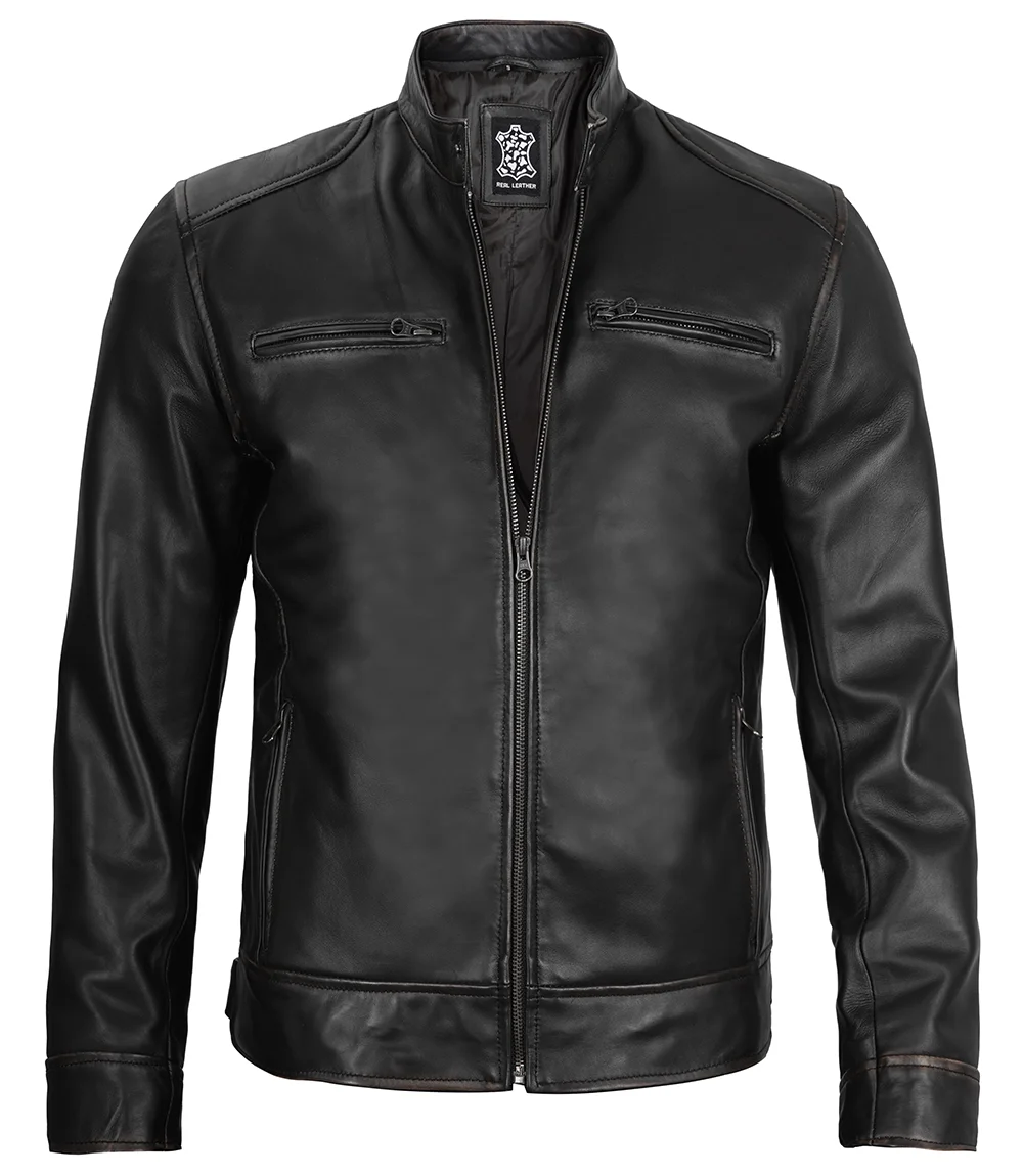 Dodge Men's Black Leather Cafe Racer Jacket - Biker Jacket