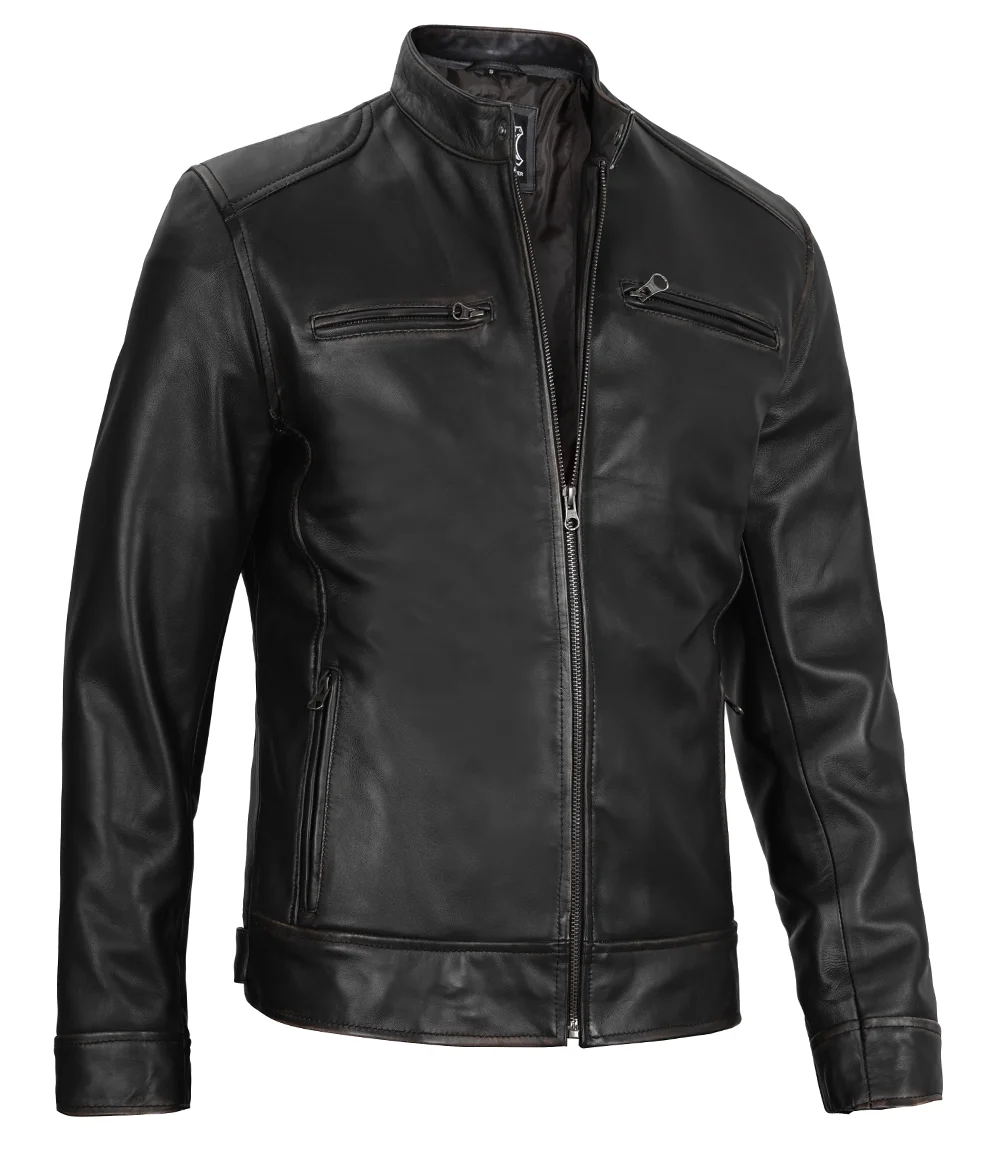 Dodge Men's Black Leather Cafe Racer Jacket - Biker Jacket