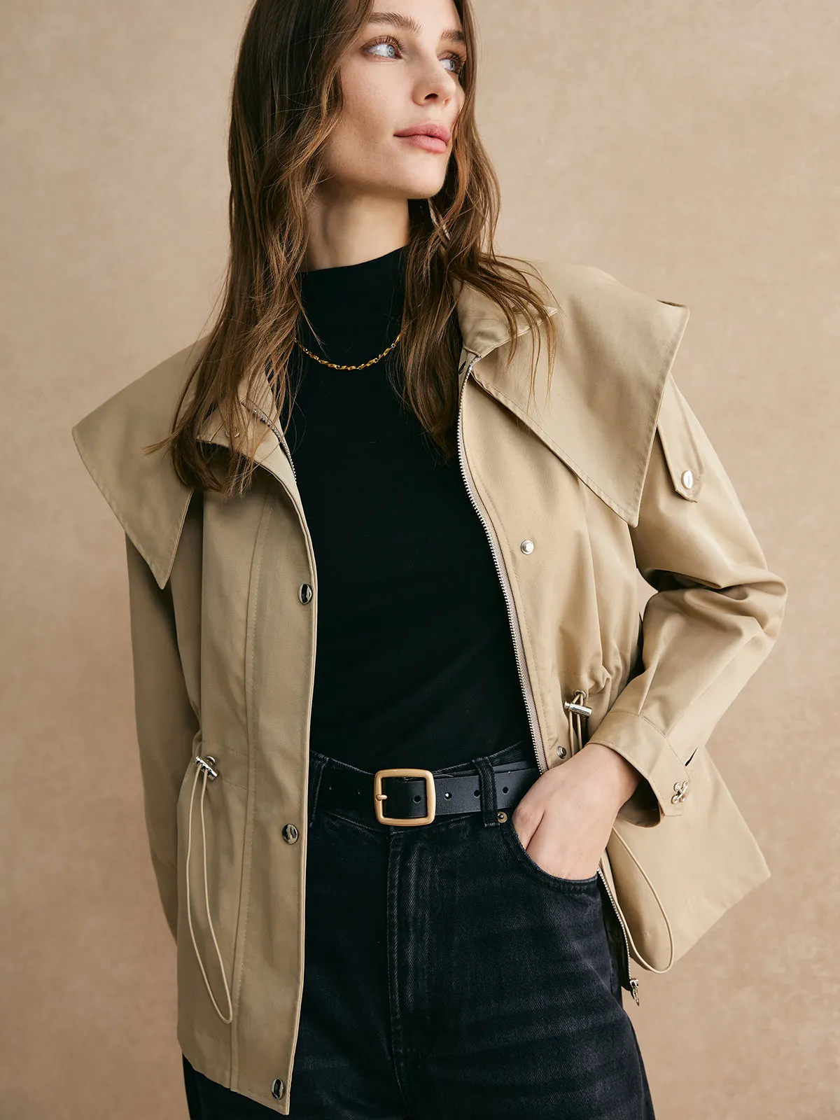 Drawstring Waist Zipper Trench Coat