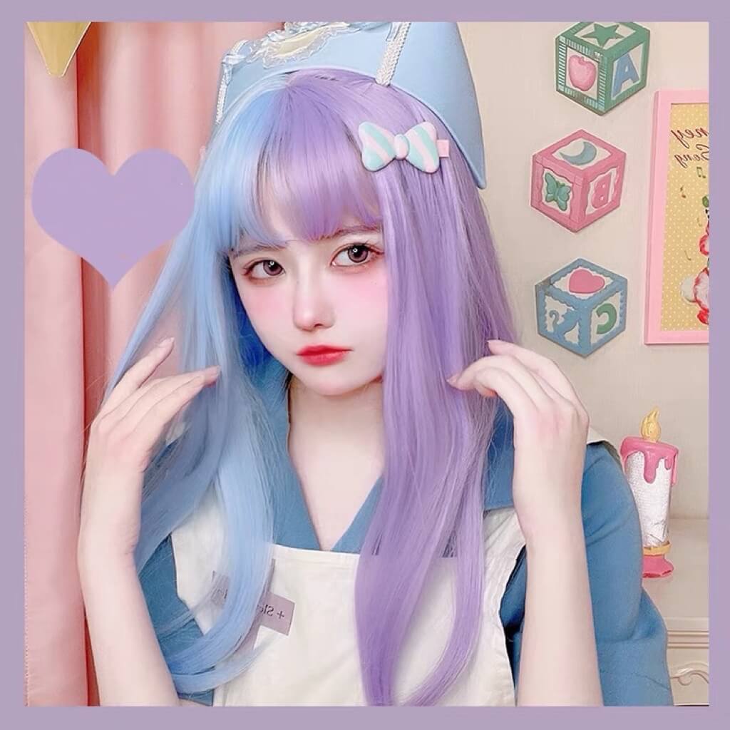 Dream pastel blue purple medium long straight wig BY5011