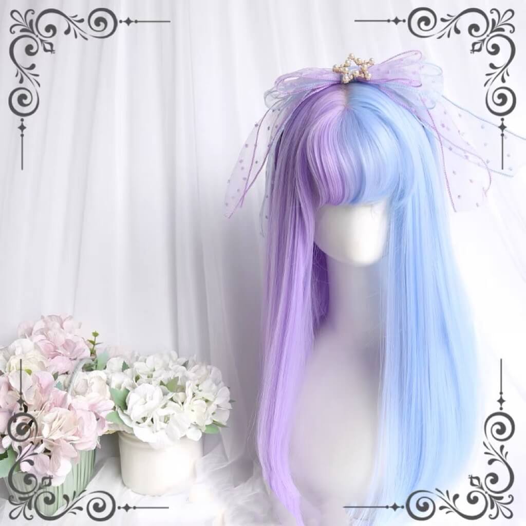 Dream pastel blue purple medium long straight wig BY5011