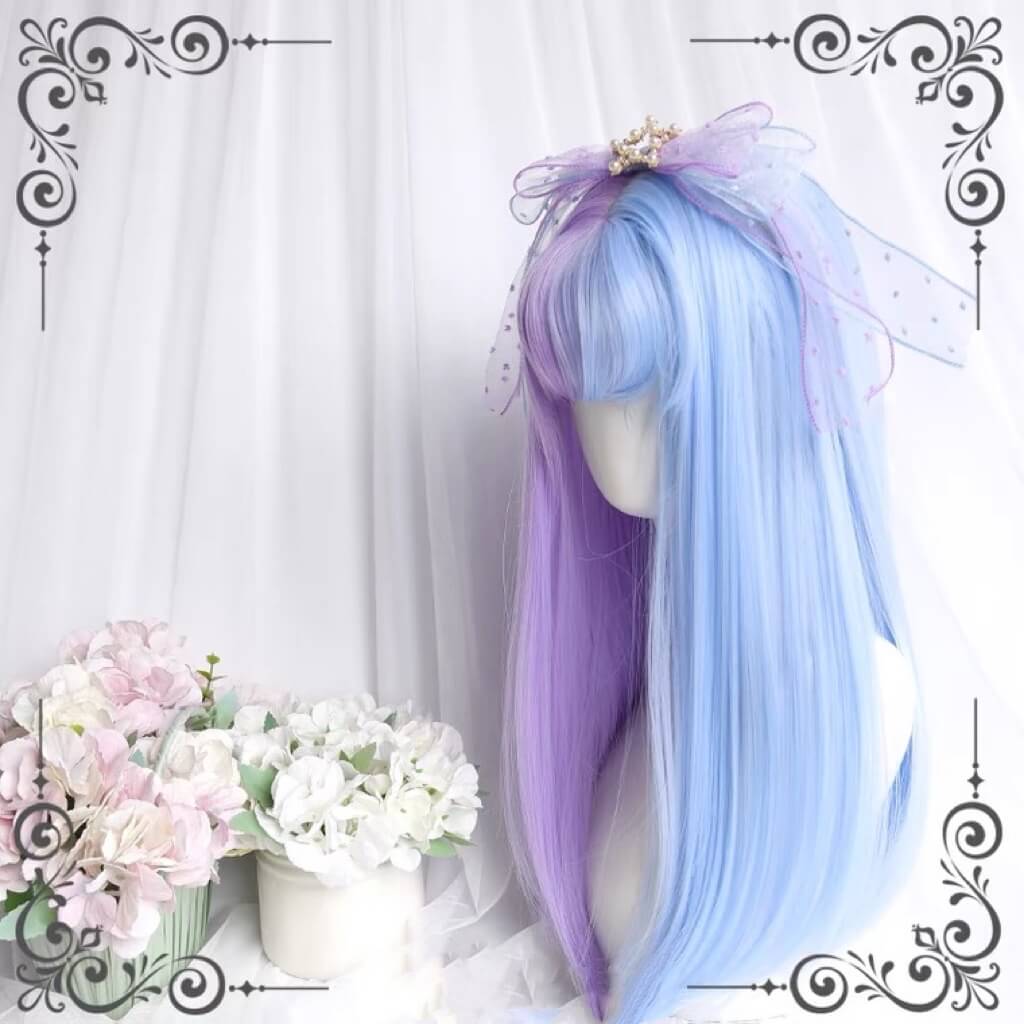 Dream pastel blue purple medium long straight wig BY5011