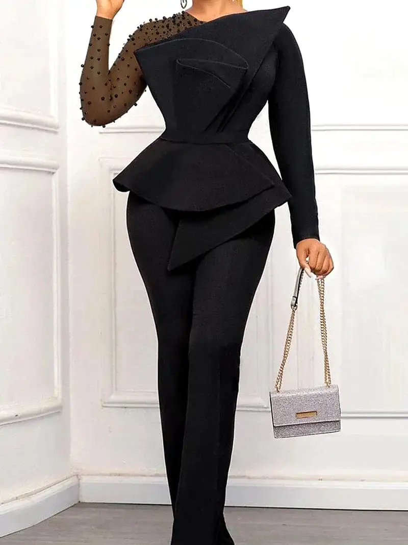 Elegant One Shoulder Women's Jumpsuit in Solid Black/White - Regular Fit Long Sleeve S M L Spring