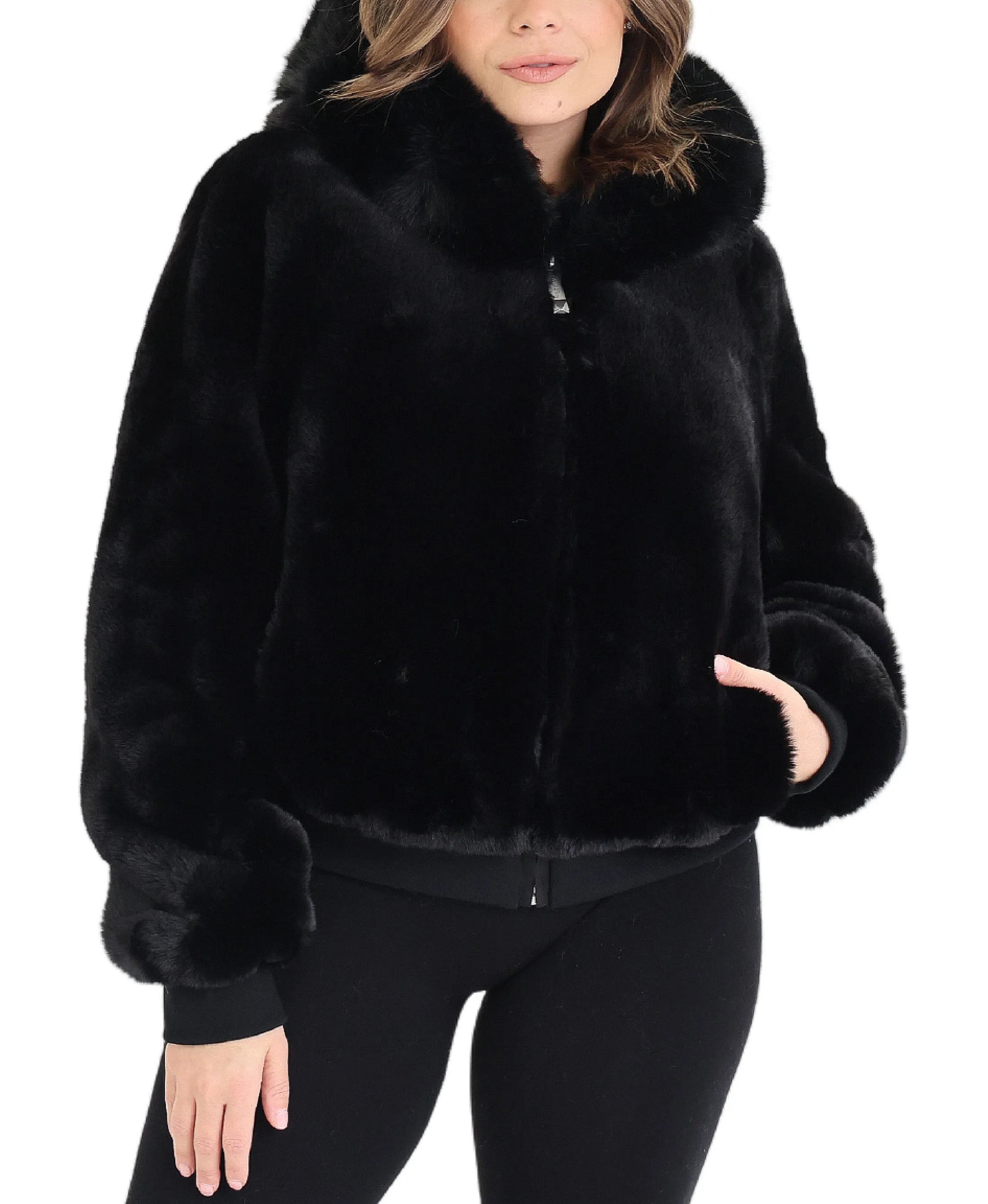 Faux Fur Bomber Jacket w/ Hood