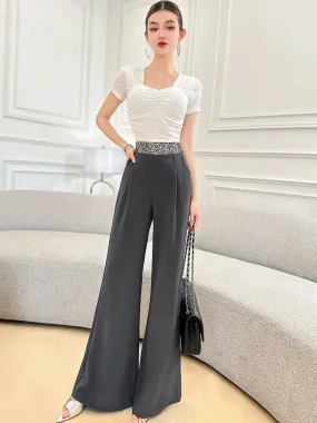 Feijie customized sequin splicing suit trousers for women summer new high-waisted slim casual casual drape slightly flared trous