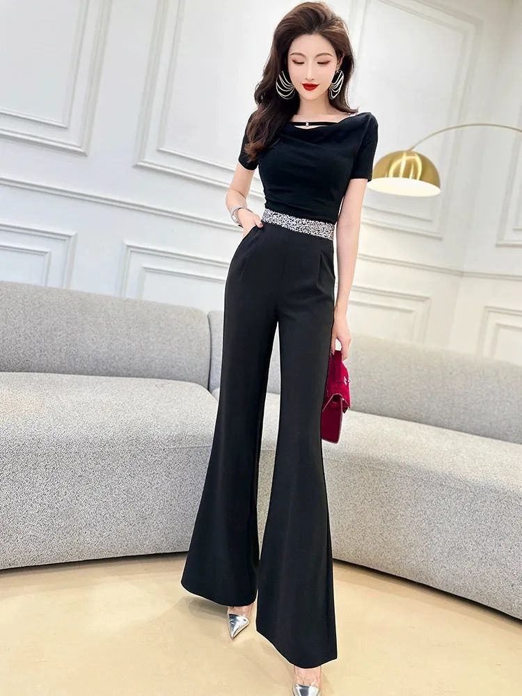 Feijie customized sequin splicing suit trousers for women summer new high-waisted slim casual casual drape slightly flared trous