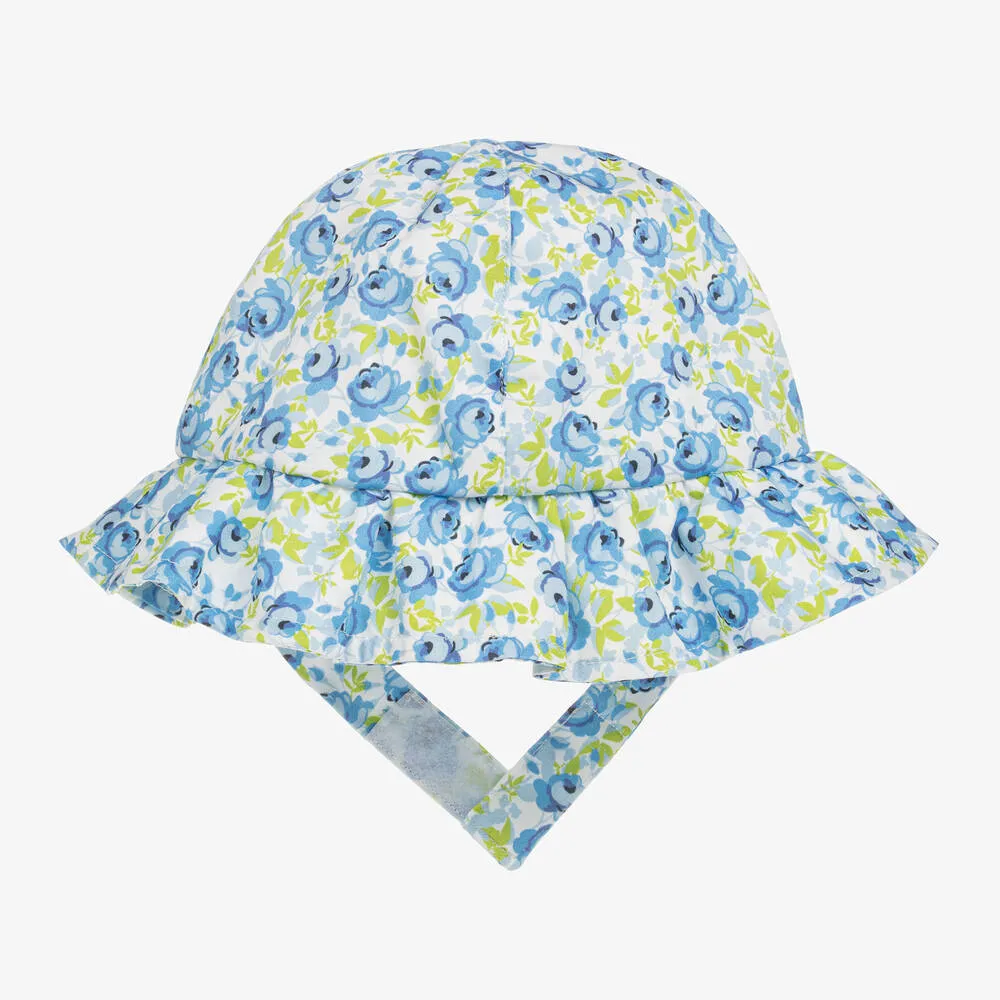 Girls Blue Cotton Floral Sun Hat