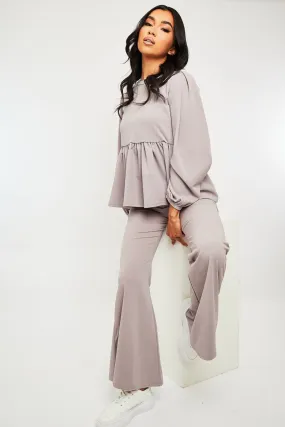 Grey Puff Sleeve Top + Wide Leg Trouser Co-ord - Demri