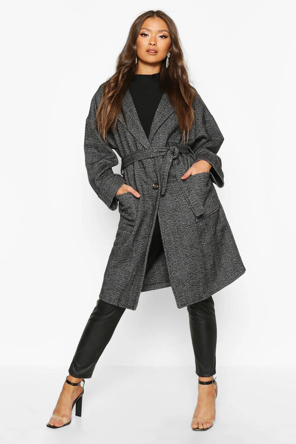 Herringbone Belted Wool Look Coat