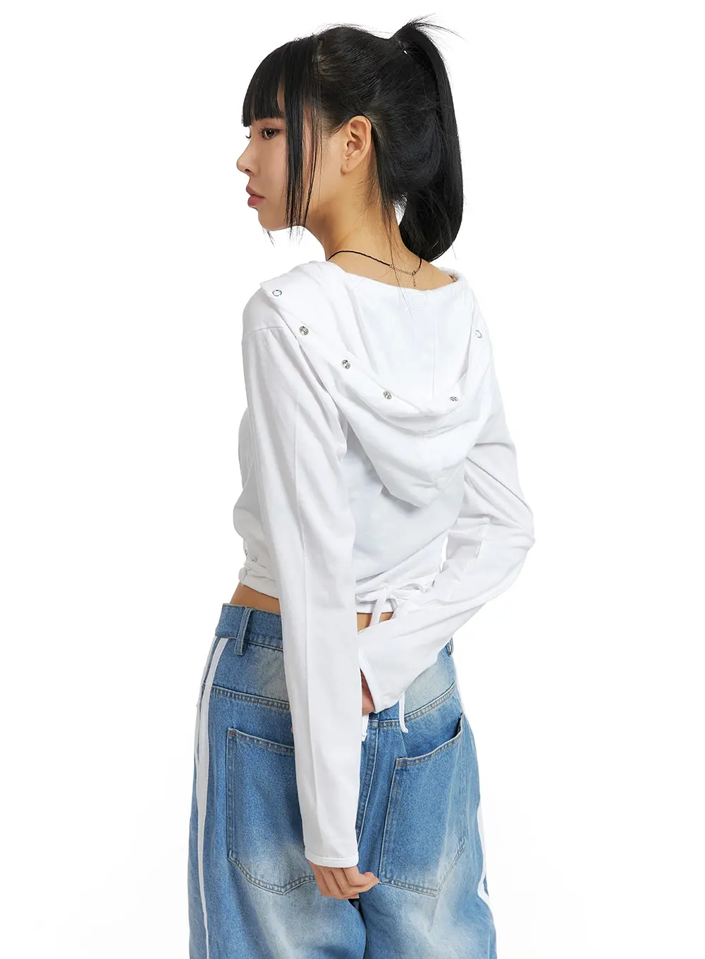 Hooded Solid Ruched Long Sleeve Tee CM407