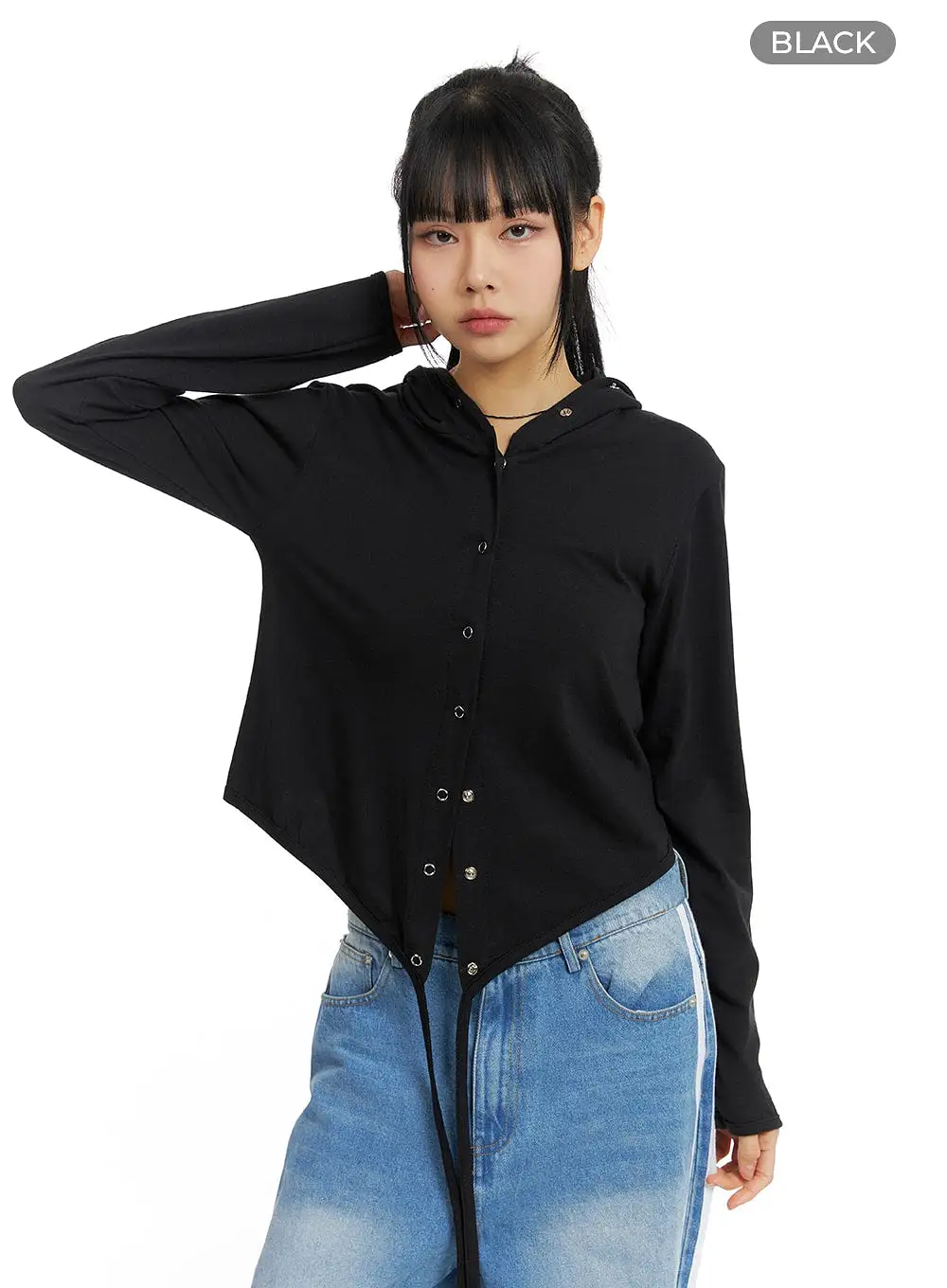 Hooded Solid Ruched Long Sleeve Tee CM407