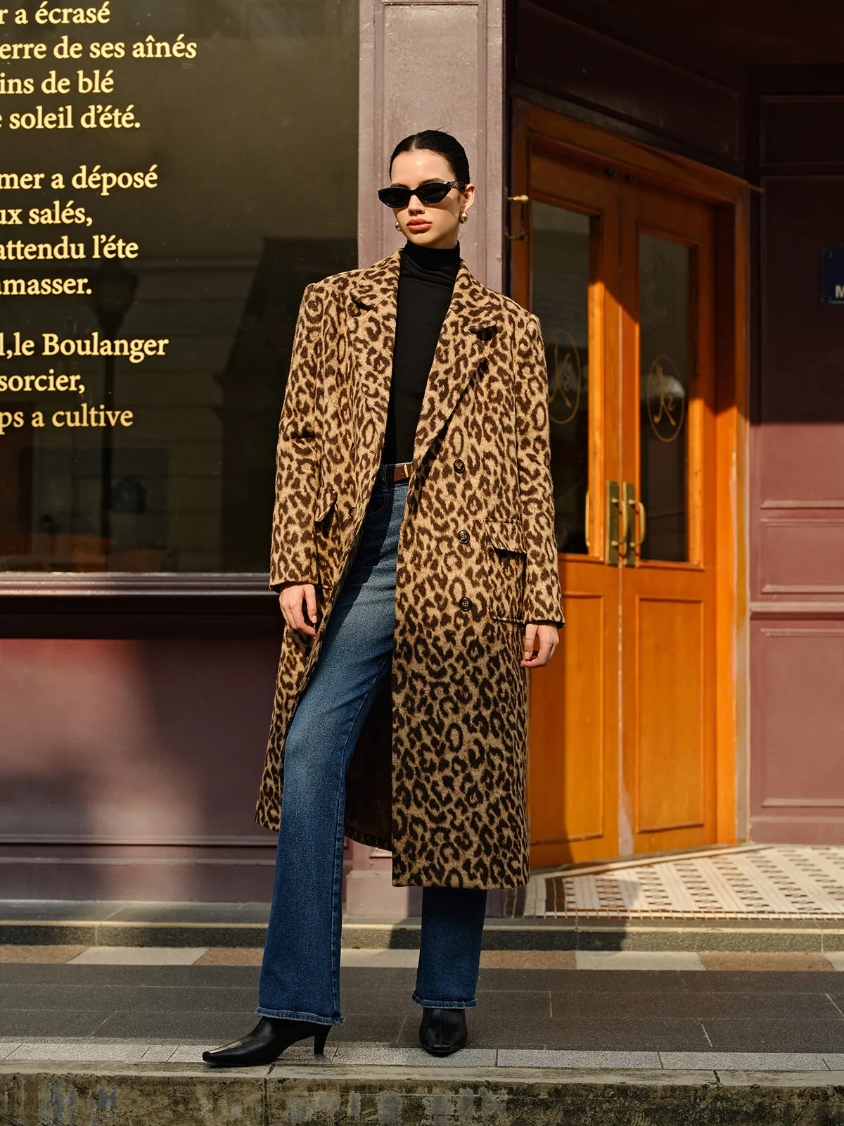 Leopard Pockets Long Wool Coat