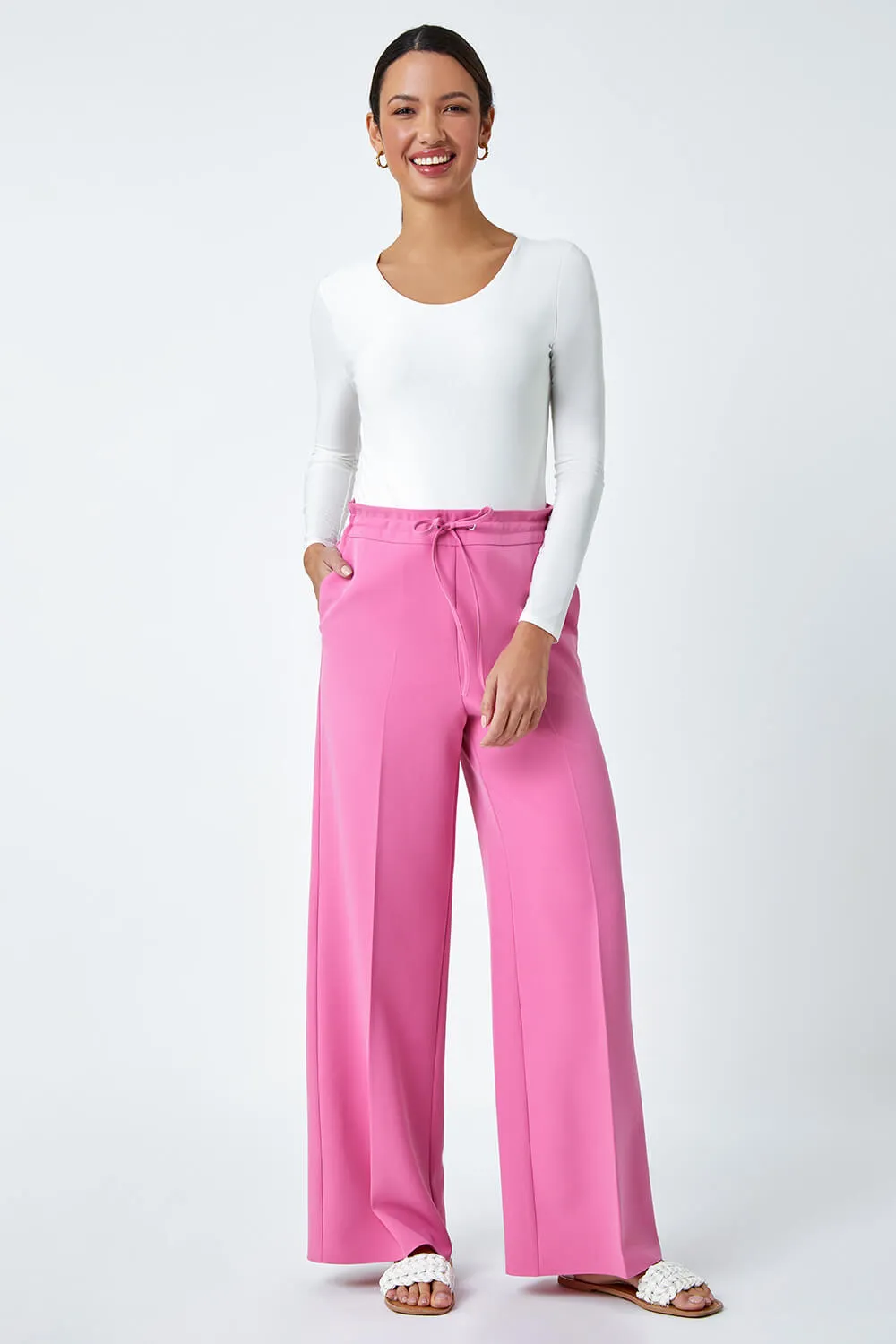 Light Pink Wide Leg Tie Front Stretch Trouser | Roman UK