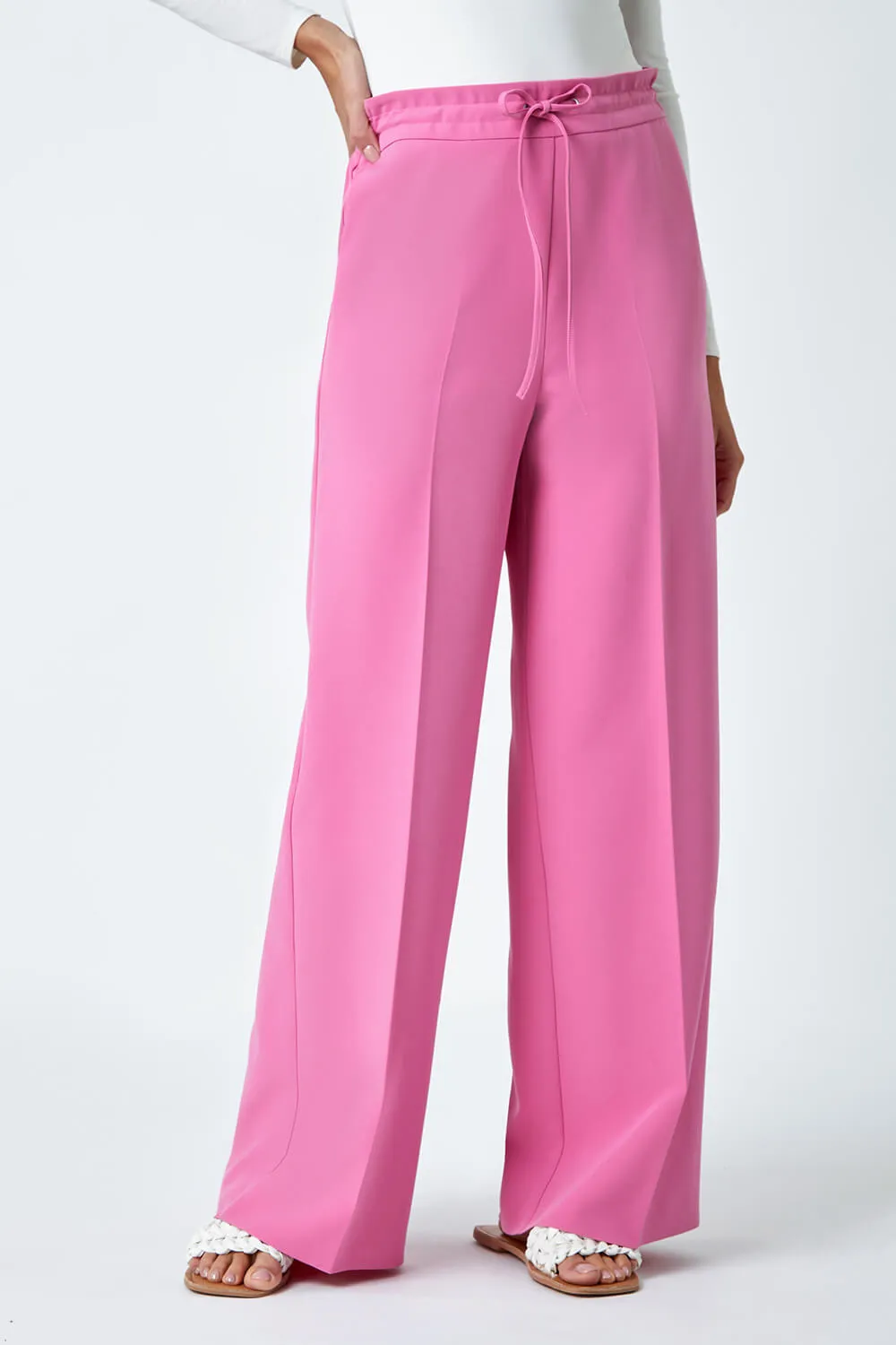 Light Pink Wide Leg Tie Front Stretch Trouser | Roman UK