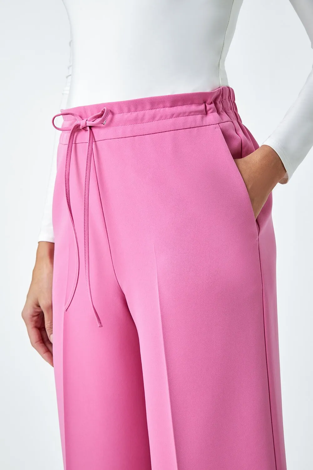 Light Pink Wide Leg Tie Front Stretch Trouser | Roman UK