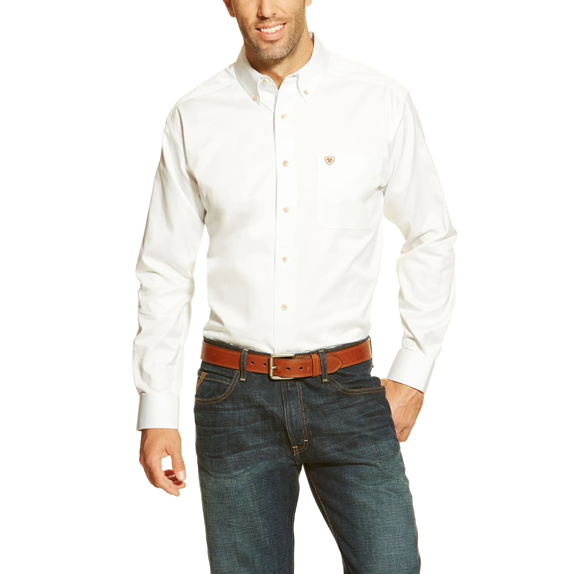 Mens Ariat White Solid Twill  Long Sleeve Shirt