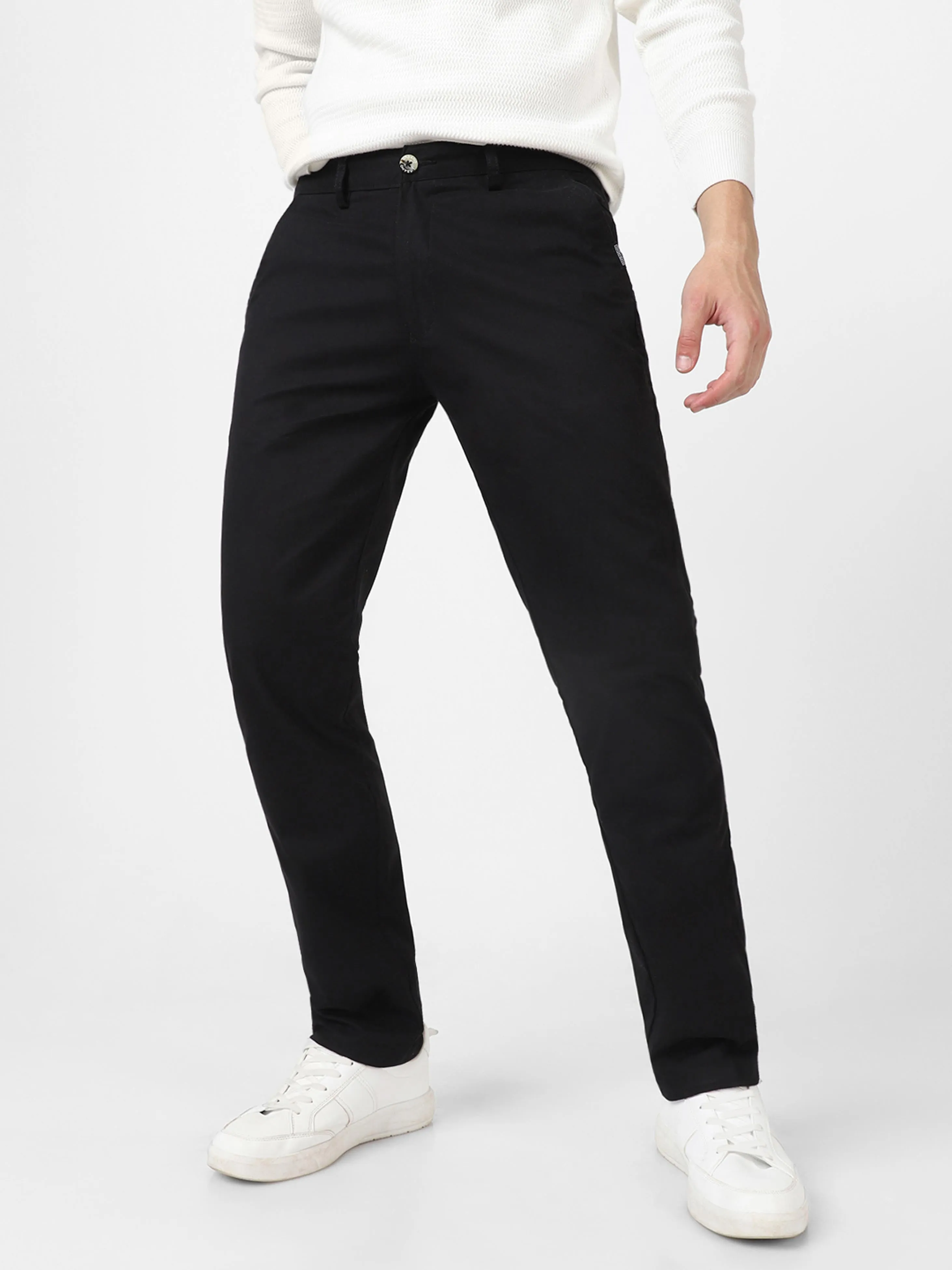 Men's Black Cotton Light Weight Non-Stretch Slim Fit Casual Trousers