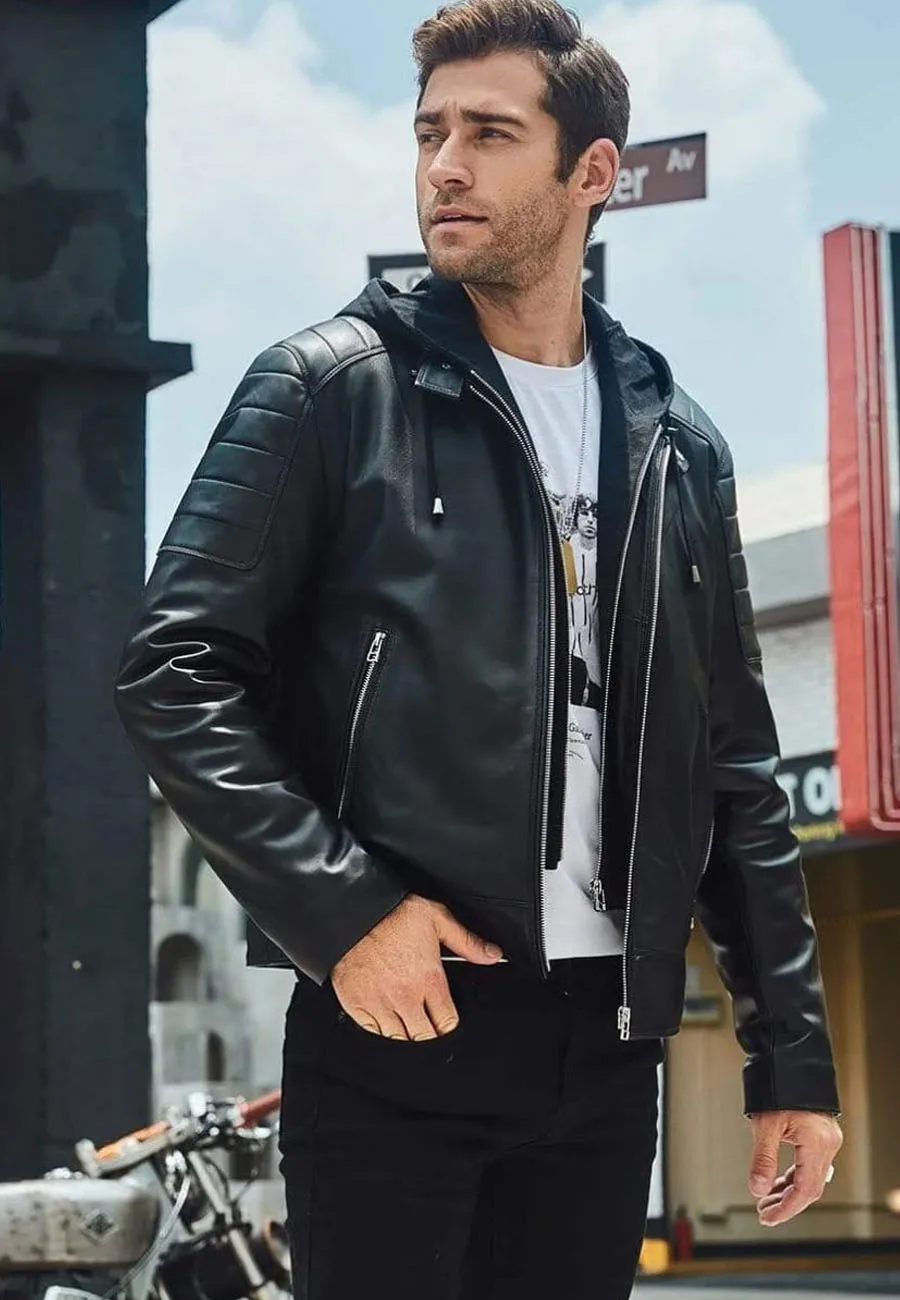 Men's Black Leather Removable Hood Biker Jacket