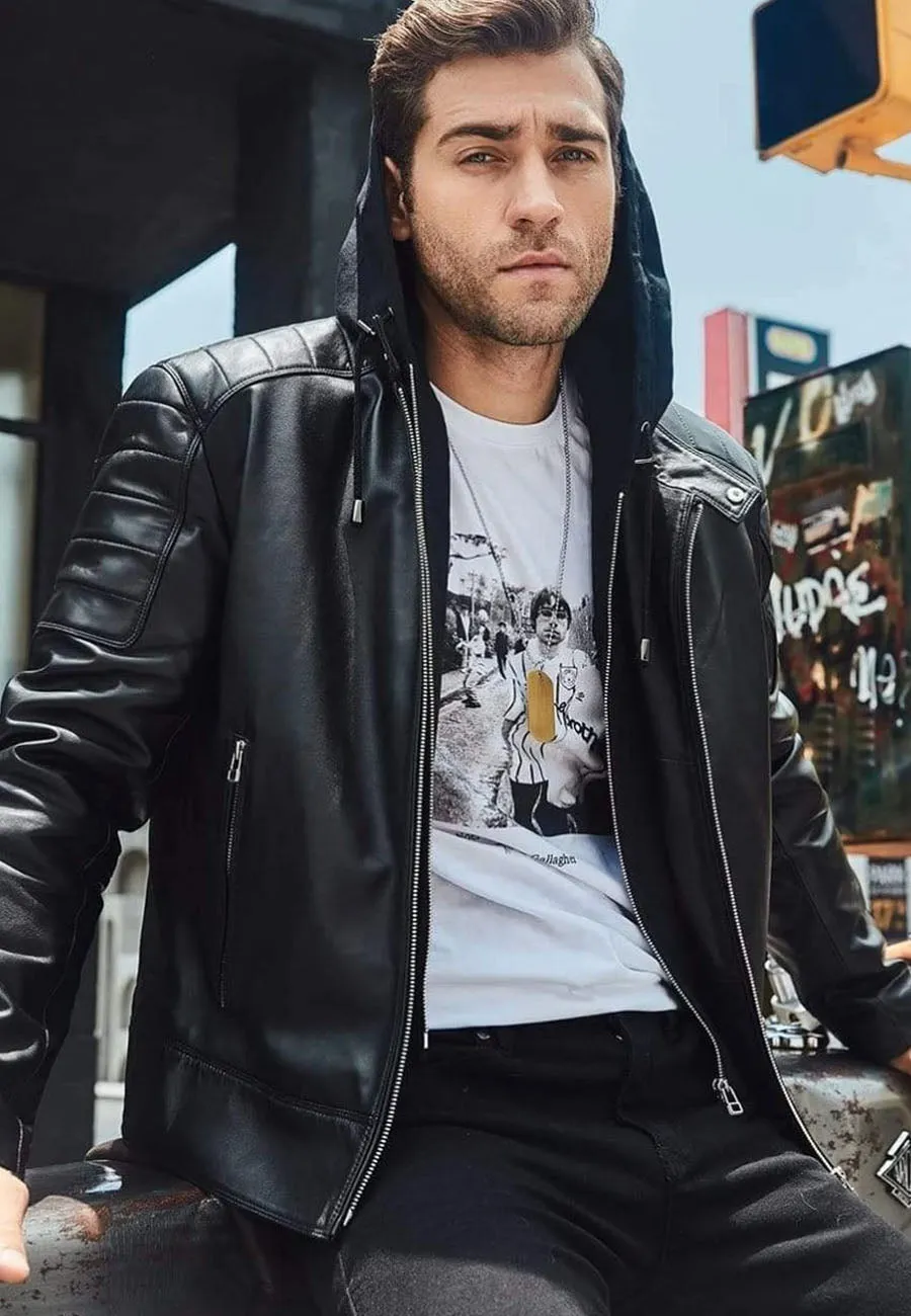 Men's Black Leather Removable Hood Biker Jacket