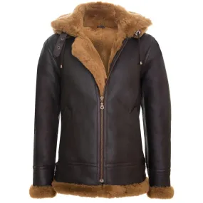 Men's Brown Shearling Sheepskin Coat with Detachable Hood