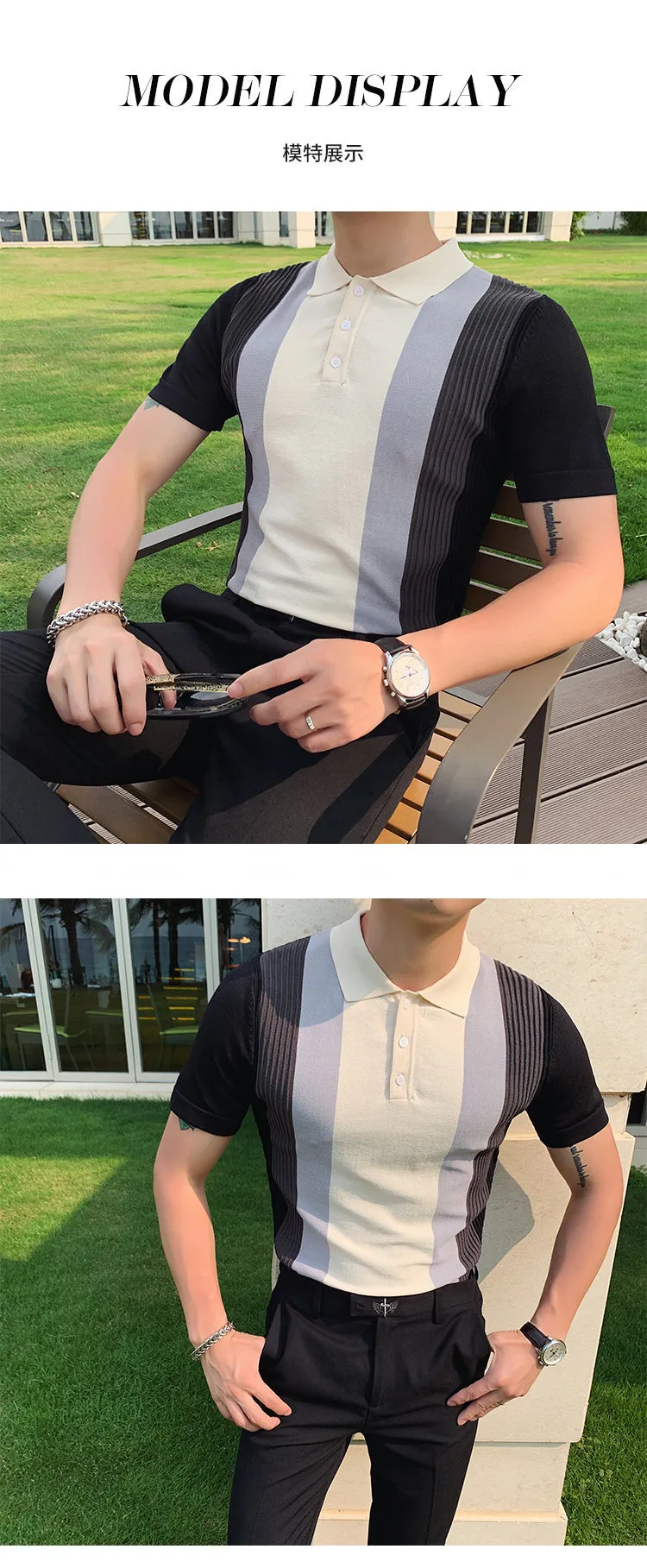 Men's Fashion Slim Fit Short Sleeved Knitted Striped Polo Tee Shirt