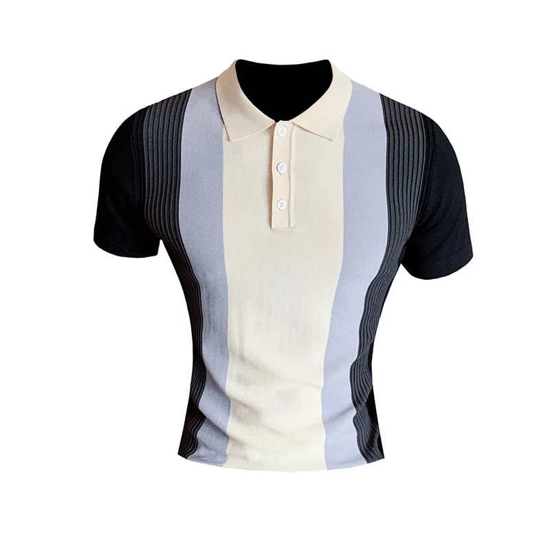 Men's Fashion Slim Fit Short Sleeved Knitted Striped Polo Tee Shirt