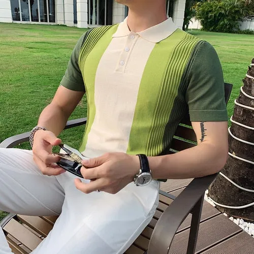 Men's Fashion Slim Fit Short Sleeved Knitted Striped Polo Tee Shirt